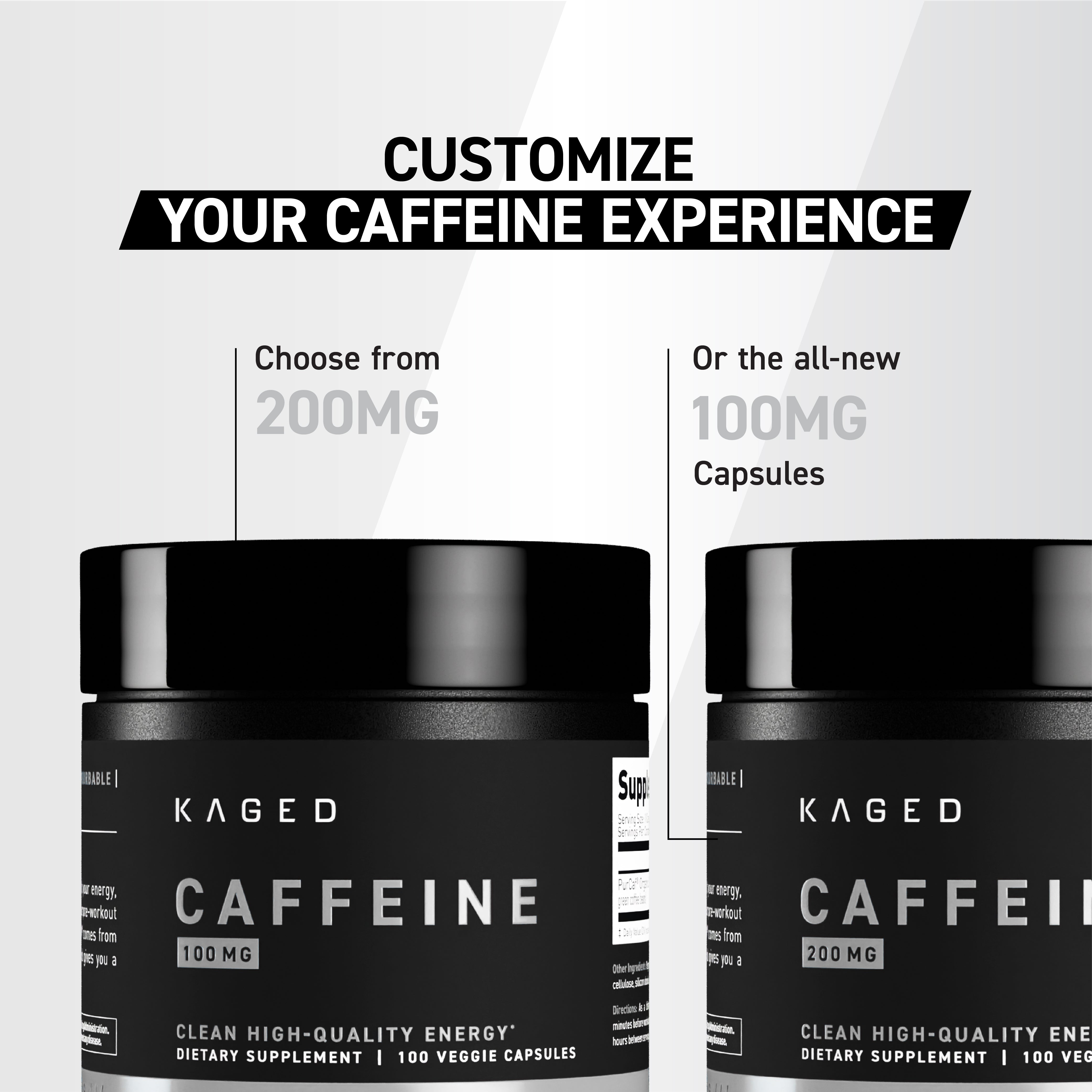 Promotional graphic showing headline "Customize Your Caffeine Experience" and side-by-side 100 mg and 200 mg PurCaf capsule jars