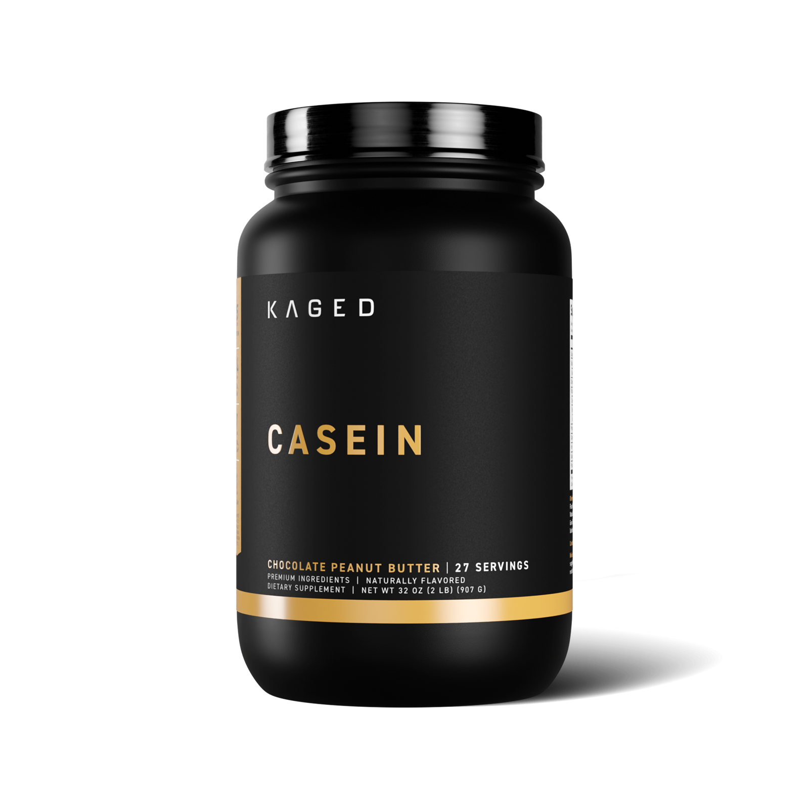 Front view of Casein protein powder tub, Chocolate Peanut Butter flavor, showing KAGED logo and CASEIN label on white background #flavor_chocolate peanut butter