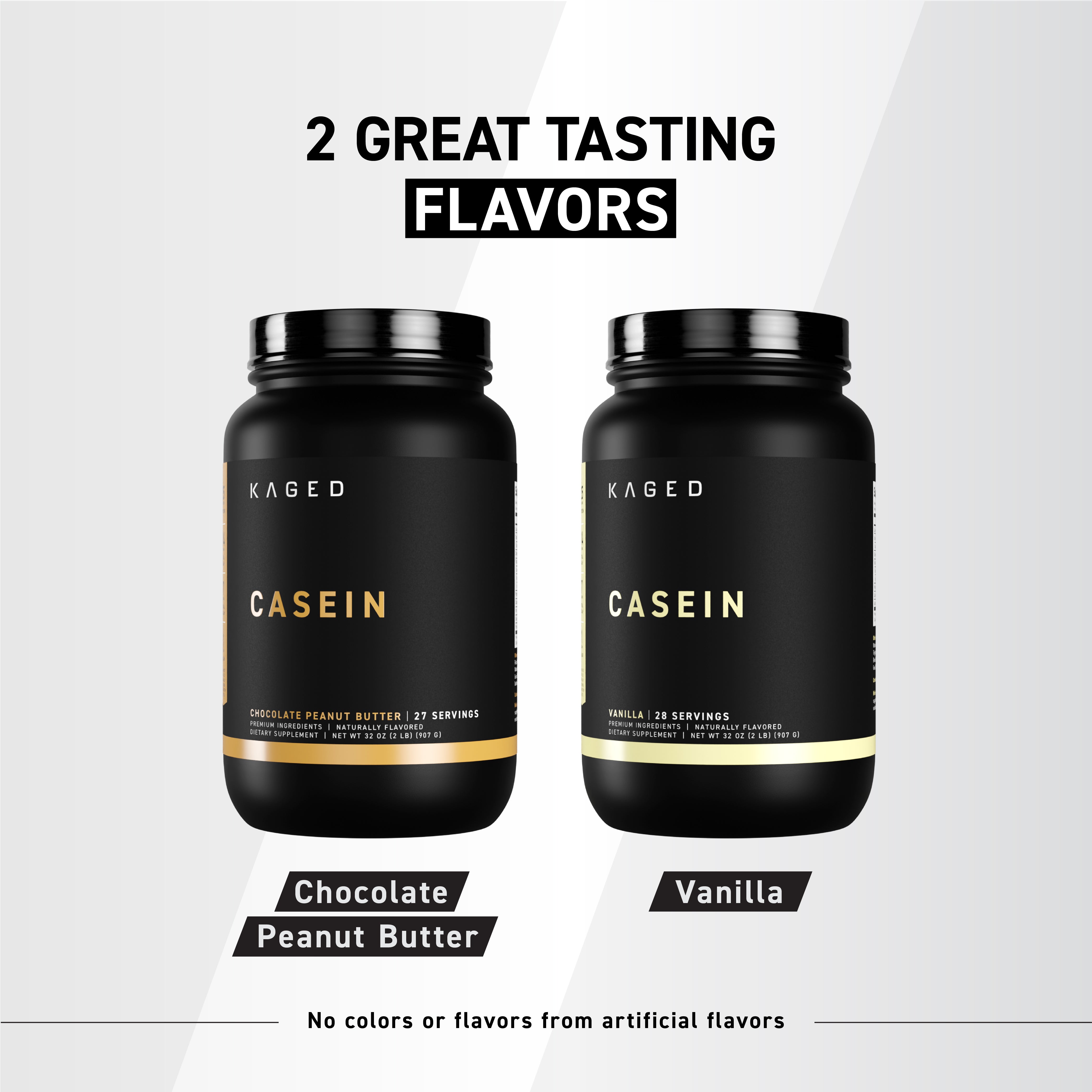 Front of two Casein protein tubs with headline 2 GREAT TASTING FLAVORS showing Chocolate Peanut Butter and Vanilla