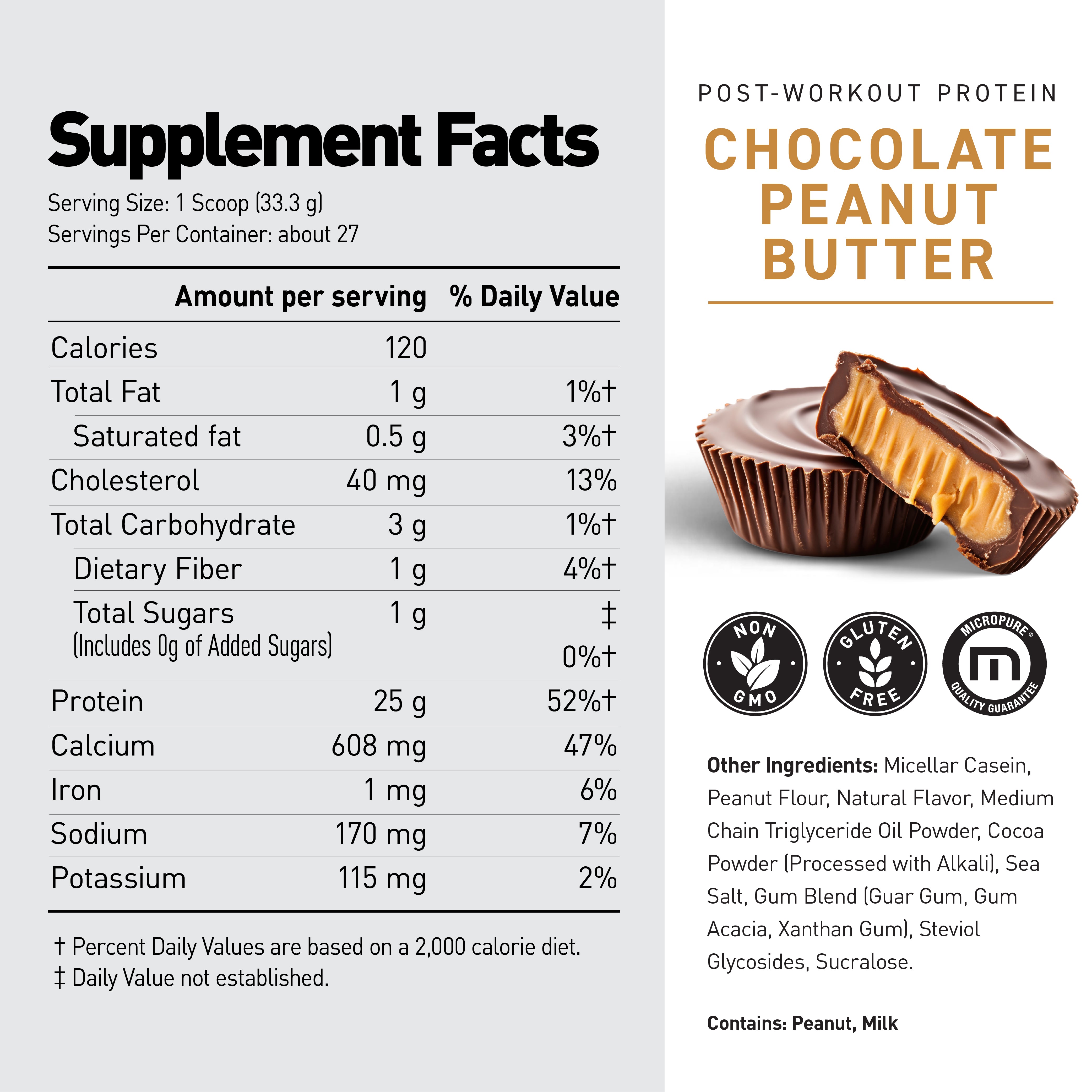 Front label of Casein protein powder, Chocolate Peanut Butter flavor, showing Supplement Facts and peanut butter cup #flavor_chocolate peanut butter