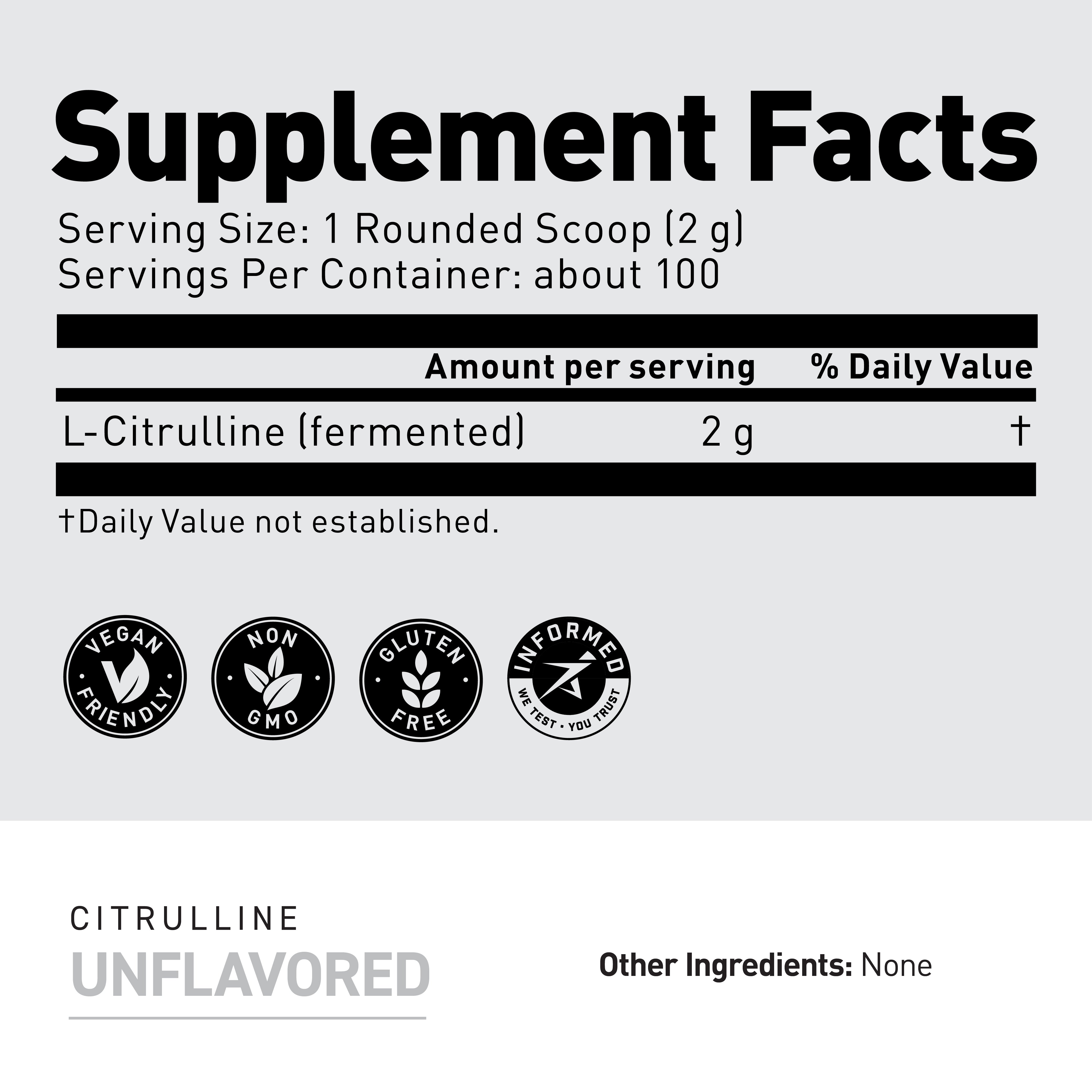 Nutrition facts panel showing serving size 1 rounded scoop (2 g), about 100 servings, L-Citrulline 2 g per serving
