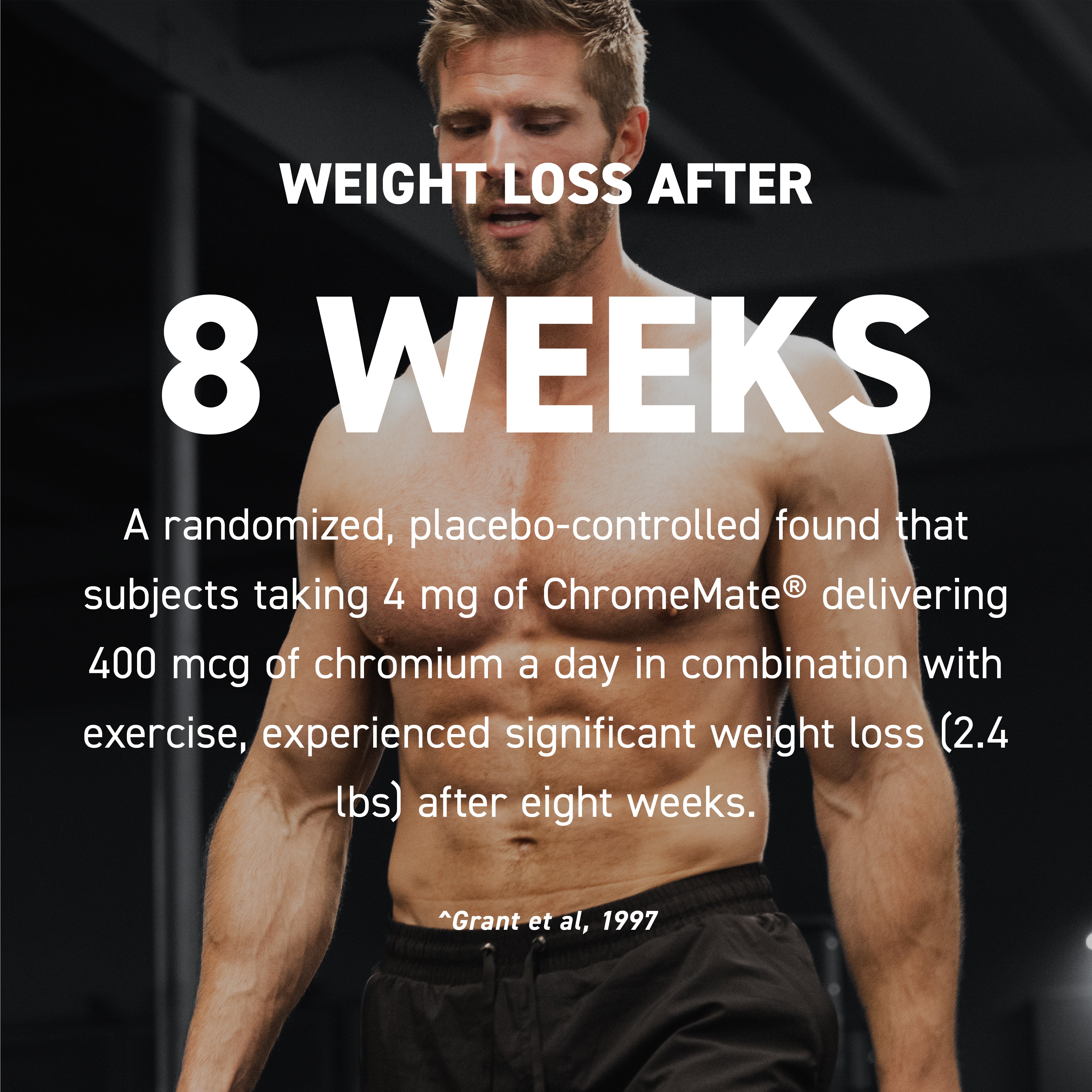 Shirtless man exercising in a gym with large overlaid text WEIGHT LOSS AFTER 8 WEEKS