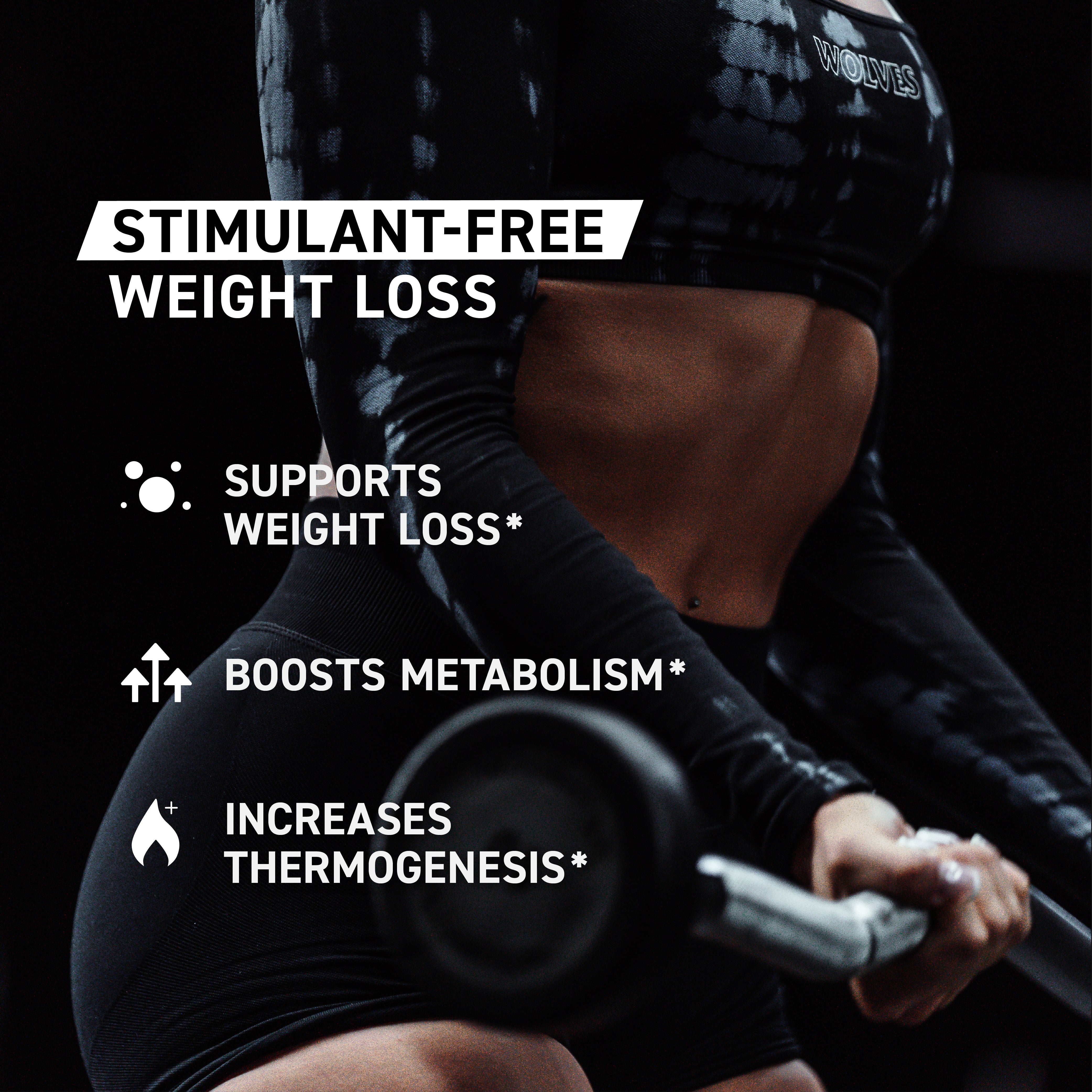 Infographic showing 'Stimulant-free weight loss' headline and benefits: supports weight loss; boosts metabolism; increases thermogenesis