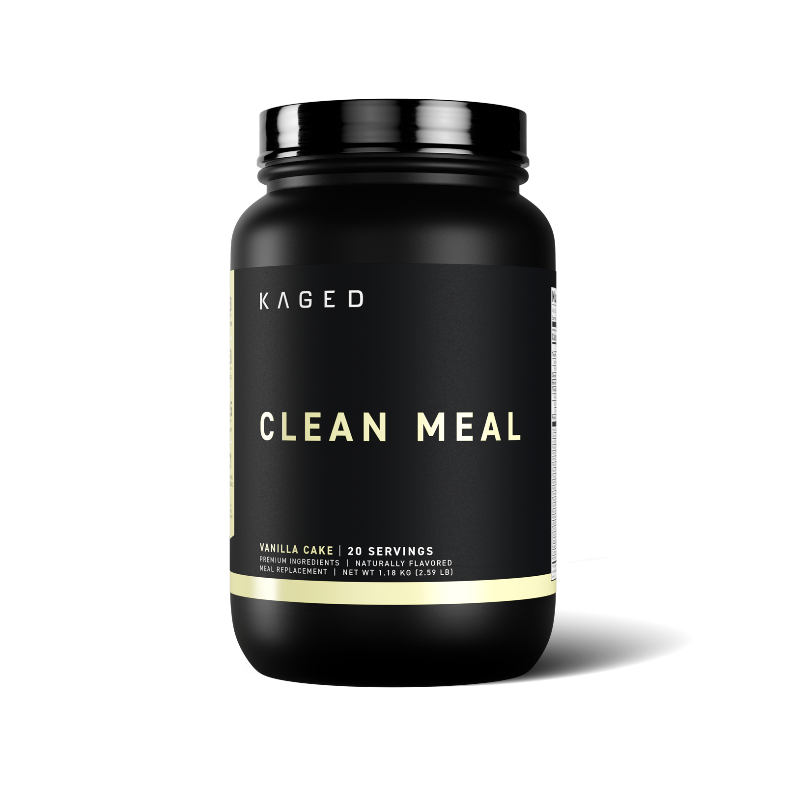Front view of Clean Meal tub in Vanilla Cake flavor showing CLEAN MEAL label and Vanilla Cake | 20 servings on a white background #flavor_vanilla cake