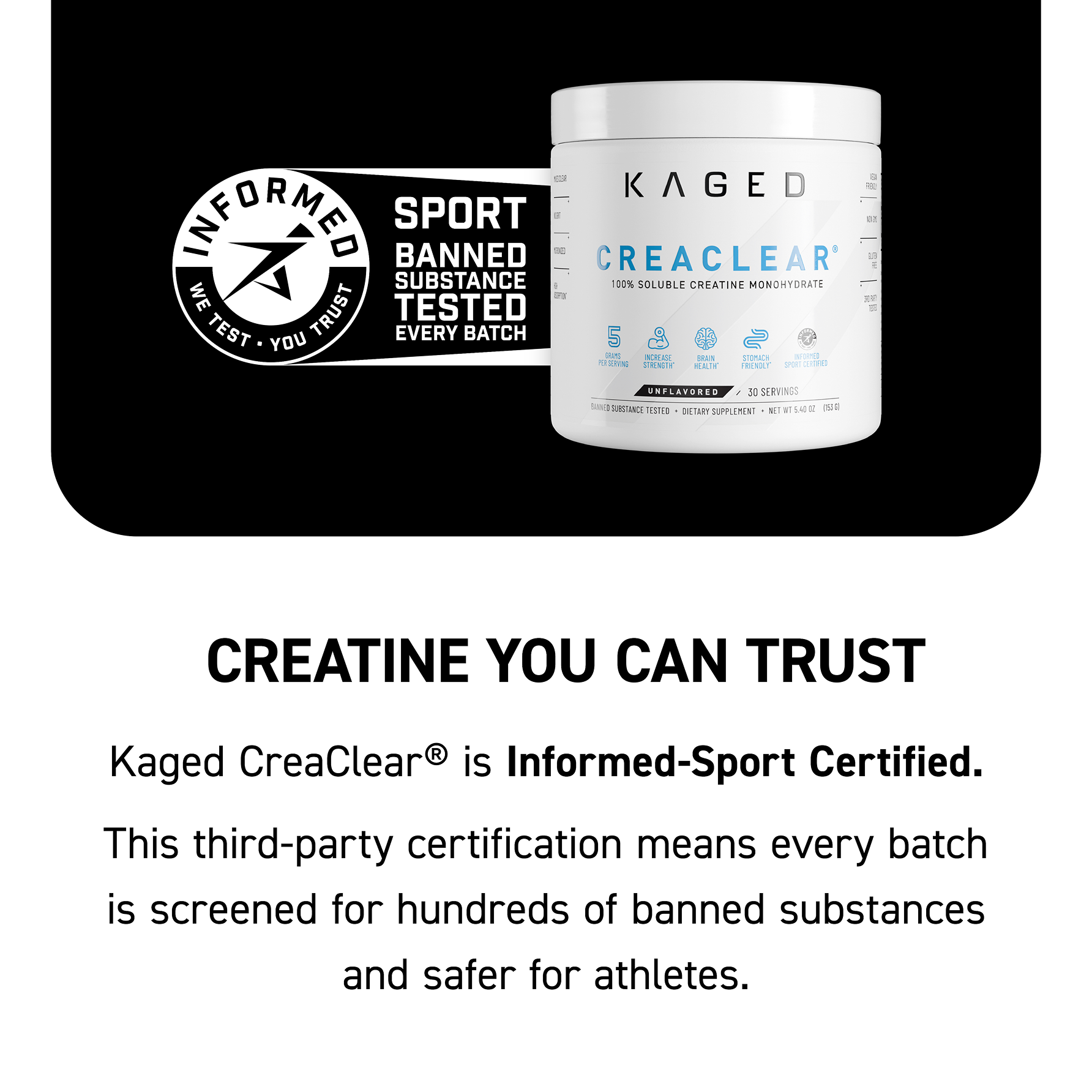 Front-right view of CreaClear creatine tub showcasing Informed‑Sport certification and banned-substance tested callout on black background