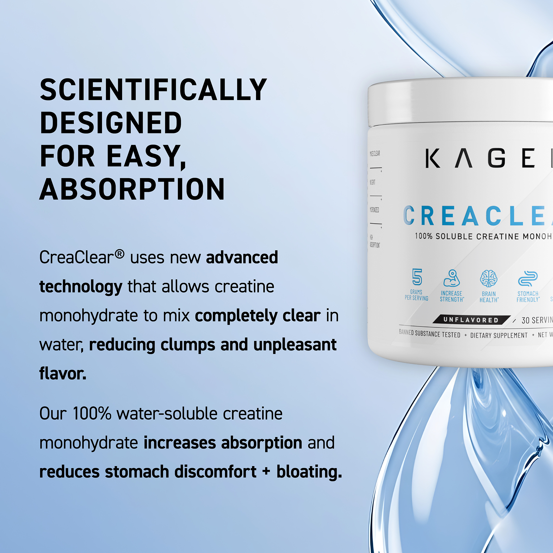 Promotional image showing CreaClear creatine mixes clear, increases absorption, and reduces bloating, with product jar
