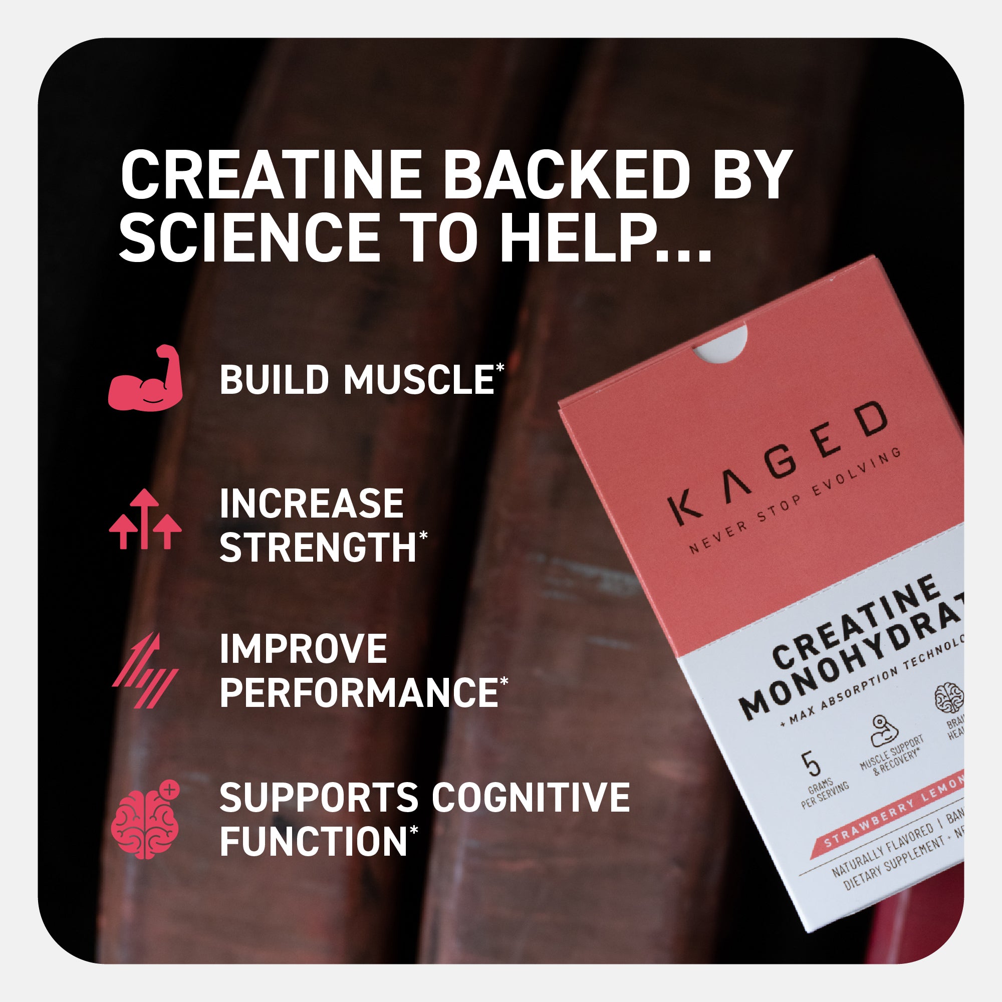 Promotional banner with headline "CREATINE BACKED BY SCIENCE TO HELP" and angled Strawberry Lemonade creatine monohydrate stick pack #flavor_strawberry lemonade