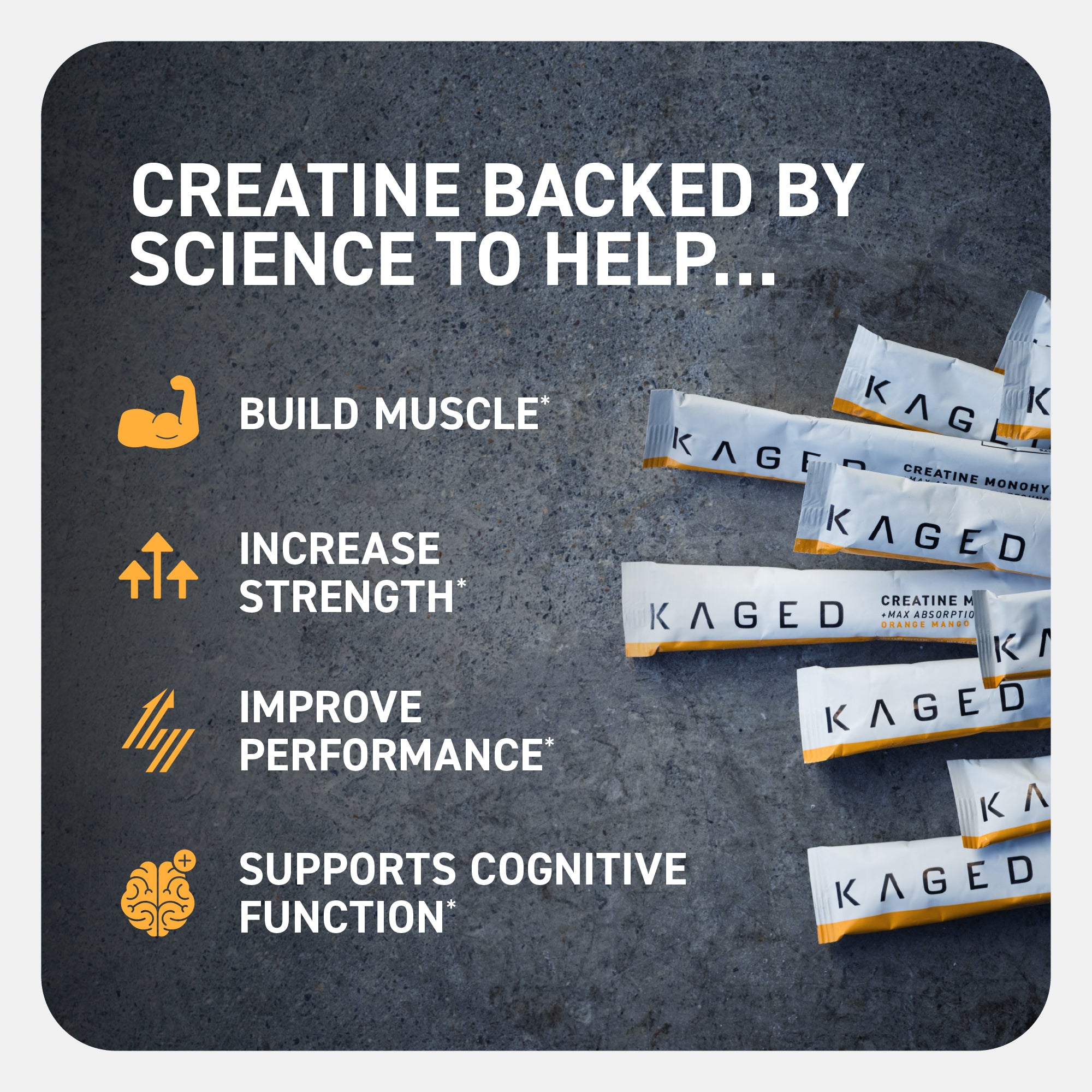 Graphic 'CREATINE BACKED BY SCIENCE TO HELP...' lists benefits: build muscle, increase strength, improve performance, support cognitive function; shows KAGED creatine stick packs #flavor_orange mango