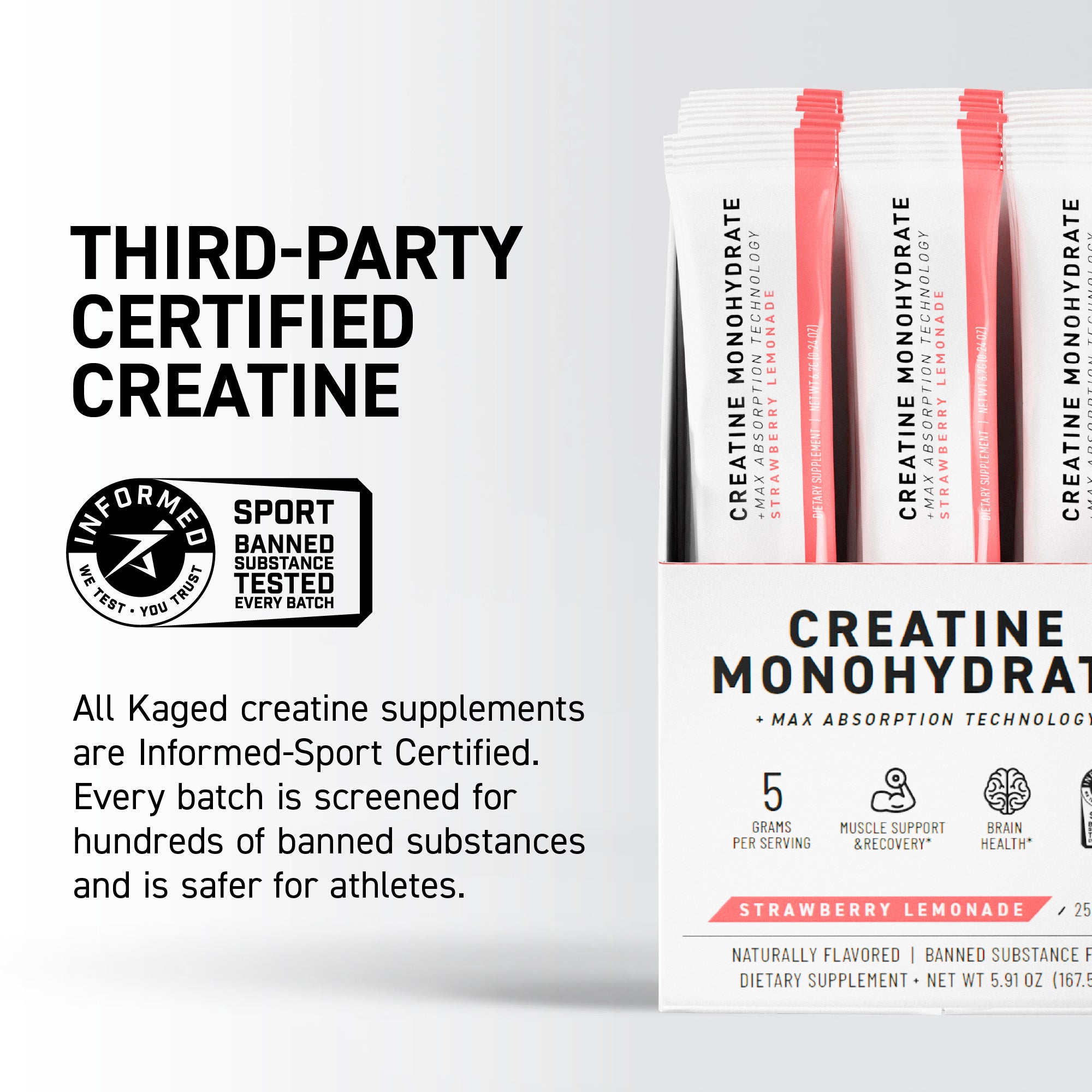 Promotional banner showing 'THIRD-PARTY CERTIFIED CREATINE' headline and strawberry lemonade creatine stick packs #flavor_strawberry lemonade
