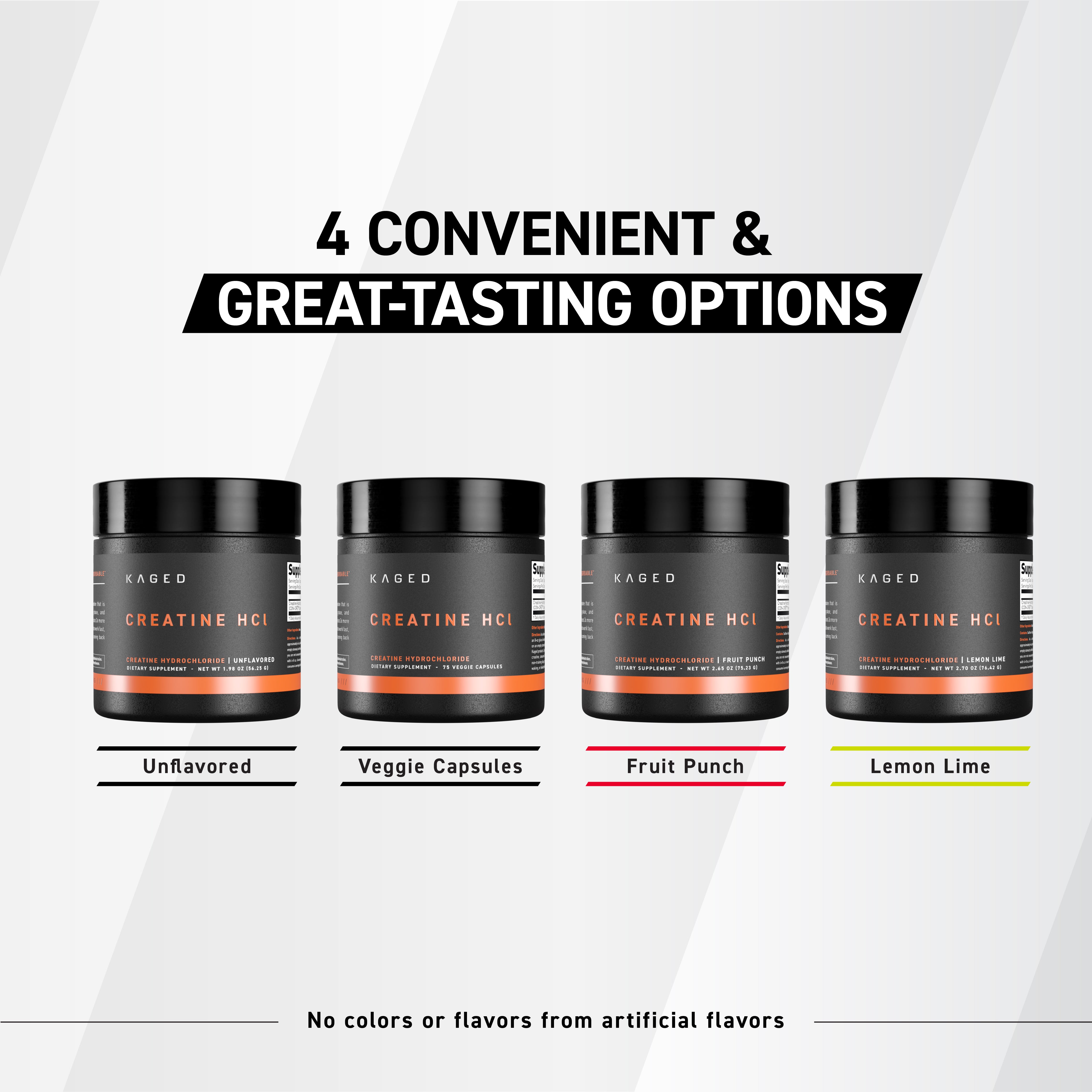 Banner '4 CONVENIENT & GREAT-TASTING OPTIONS' above four Creatine HCl jars labeled Unflavored, Veggie, Fruit Punch, Lemon Lime