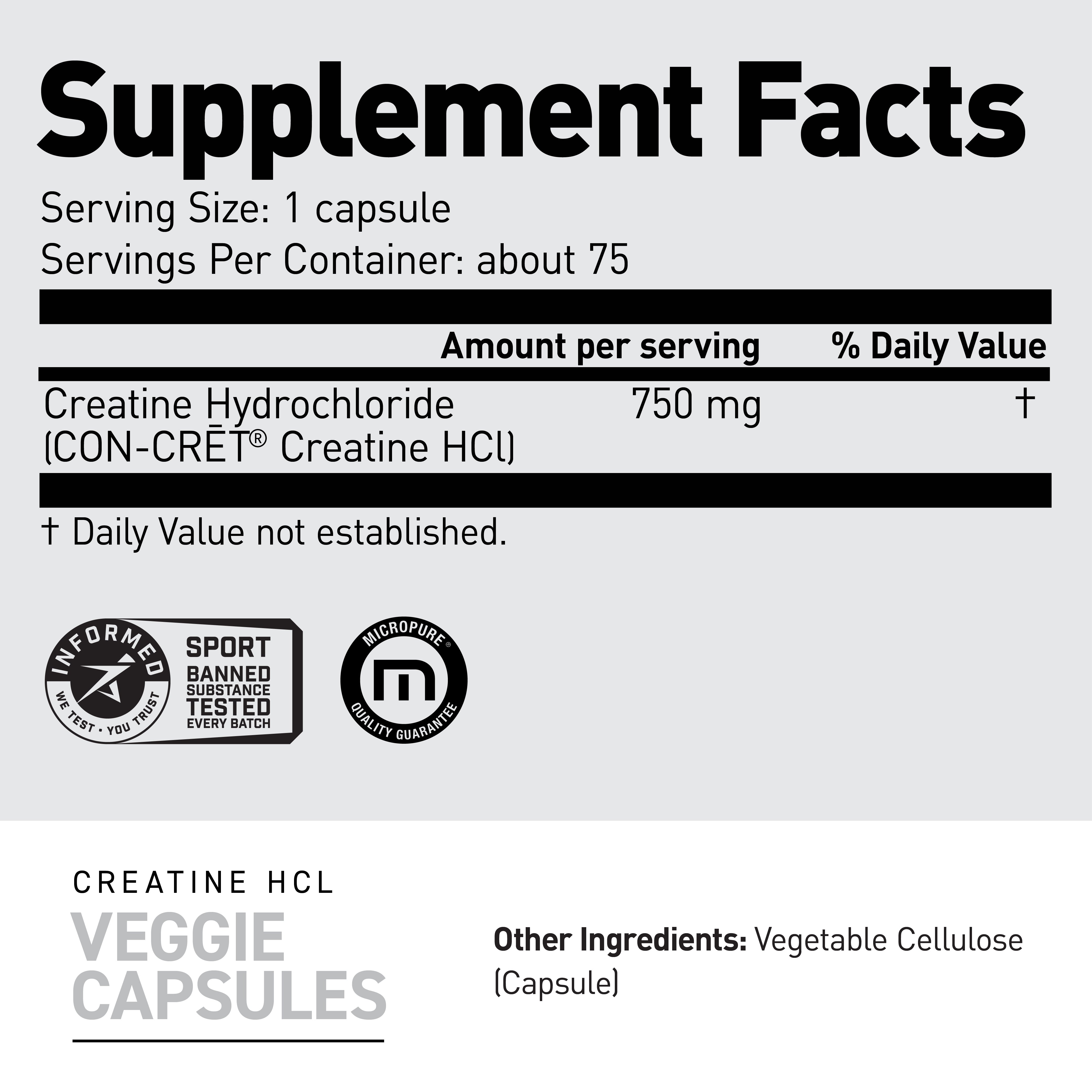 Front label of Creatine HCl showing Supplement Facts: Serving Size 1 capsule, about 75 servings, Creatine Hydrochloride 750 mg #flavor_75 vegetable caps