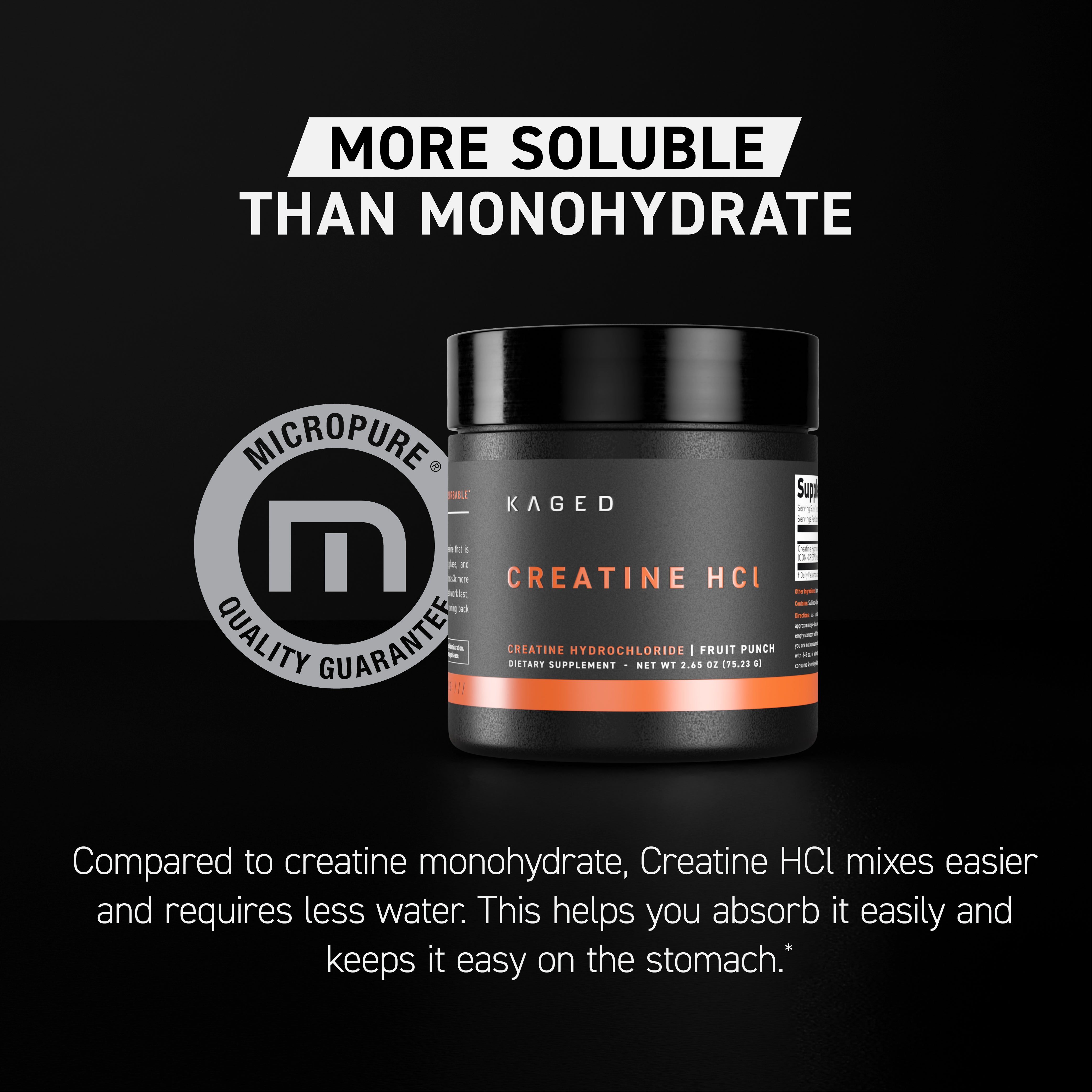 Front view of Creatine HCl tub with More soluble than monohydrate headline and Micropure quality badge on black background