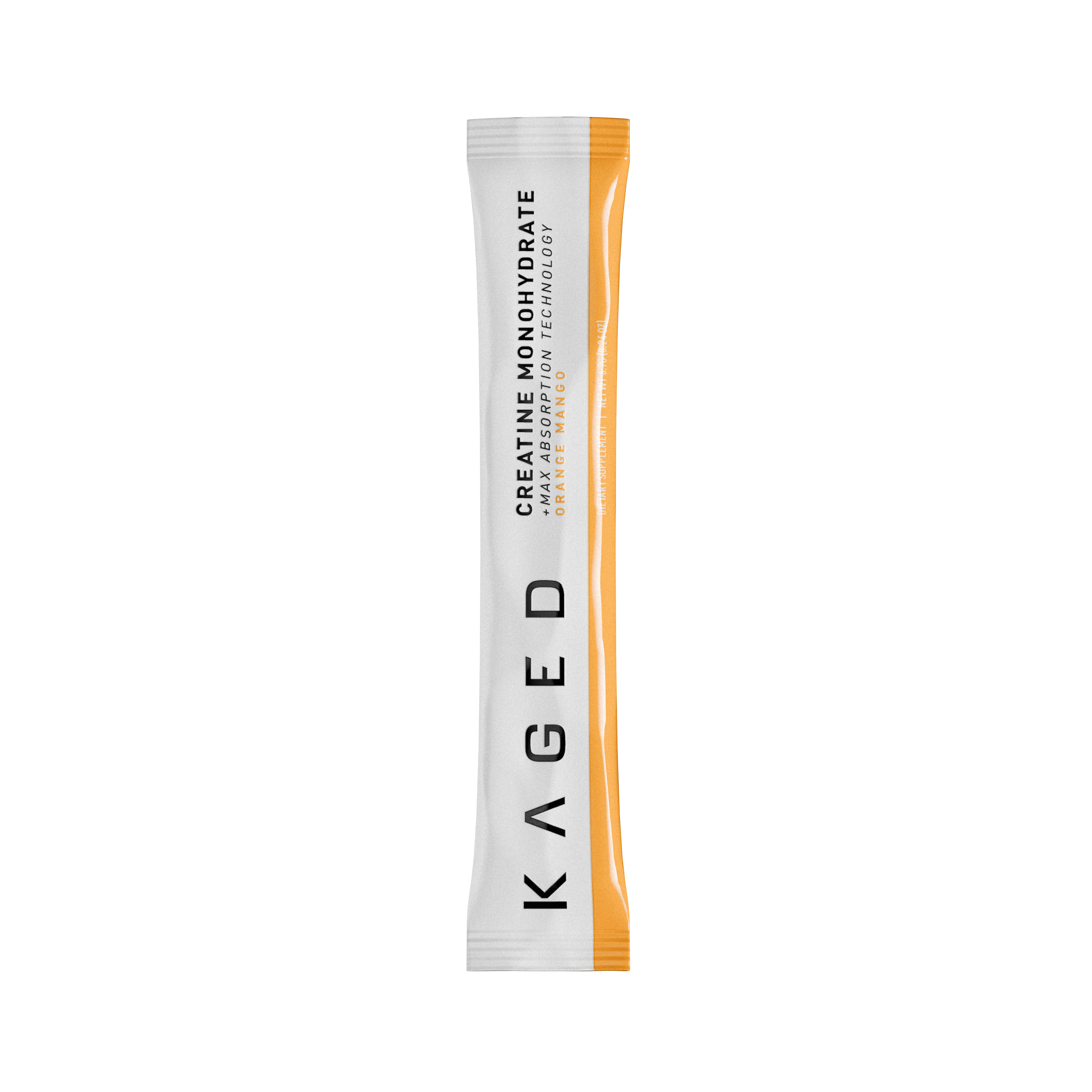 Close-up of creatine monohydrate stick pack showing the label Creatine Monohydrate - Orange Mango and an orange side stripe on black background #flavor_orange mango