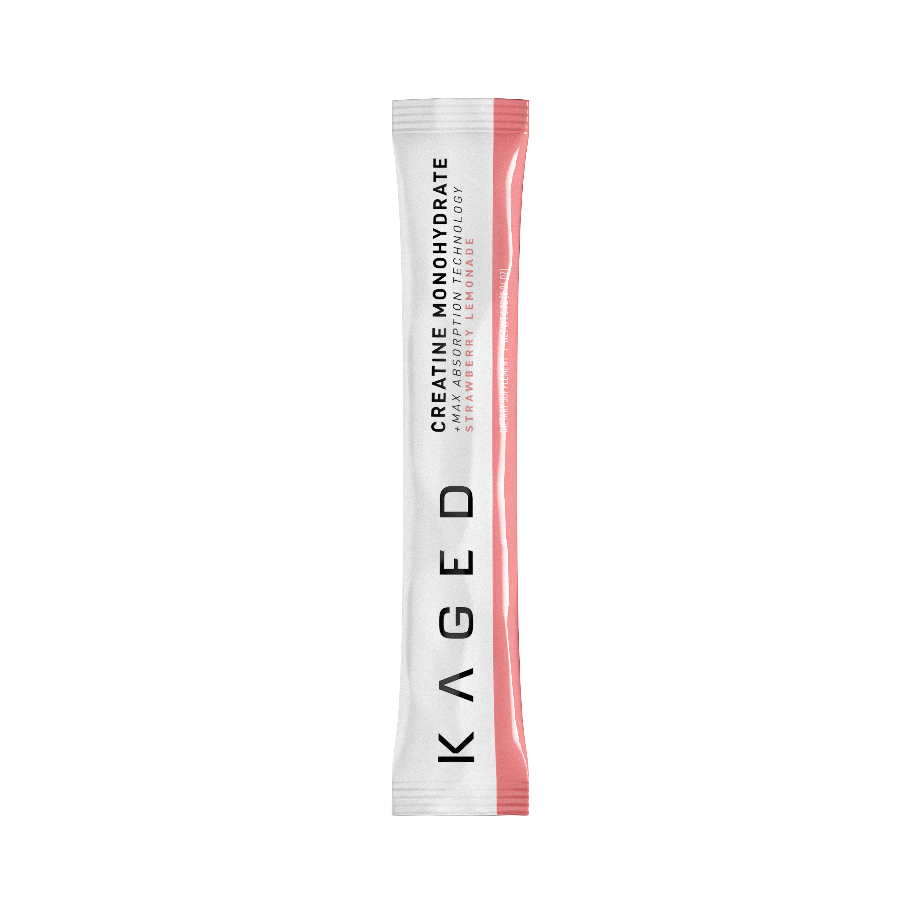 Front view of Creatine Monohydrate stick pack (Strawberry Lemonade) showing vertical KAGED logo and pink accent stripe on black background #flavor_strawberry lemonade