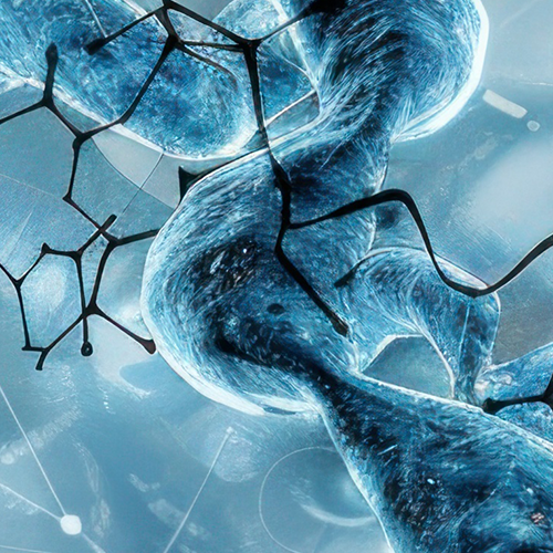 Close-up of fermented branched-chain amino acids graphic showing blue molecular strands on a pale abstract background