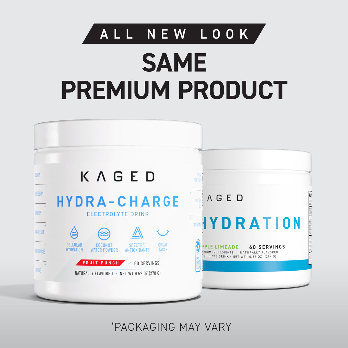 Front view of Hydra-Charge electrolyte drink mix tubs showing new labels and All New Look Same Premium Product