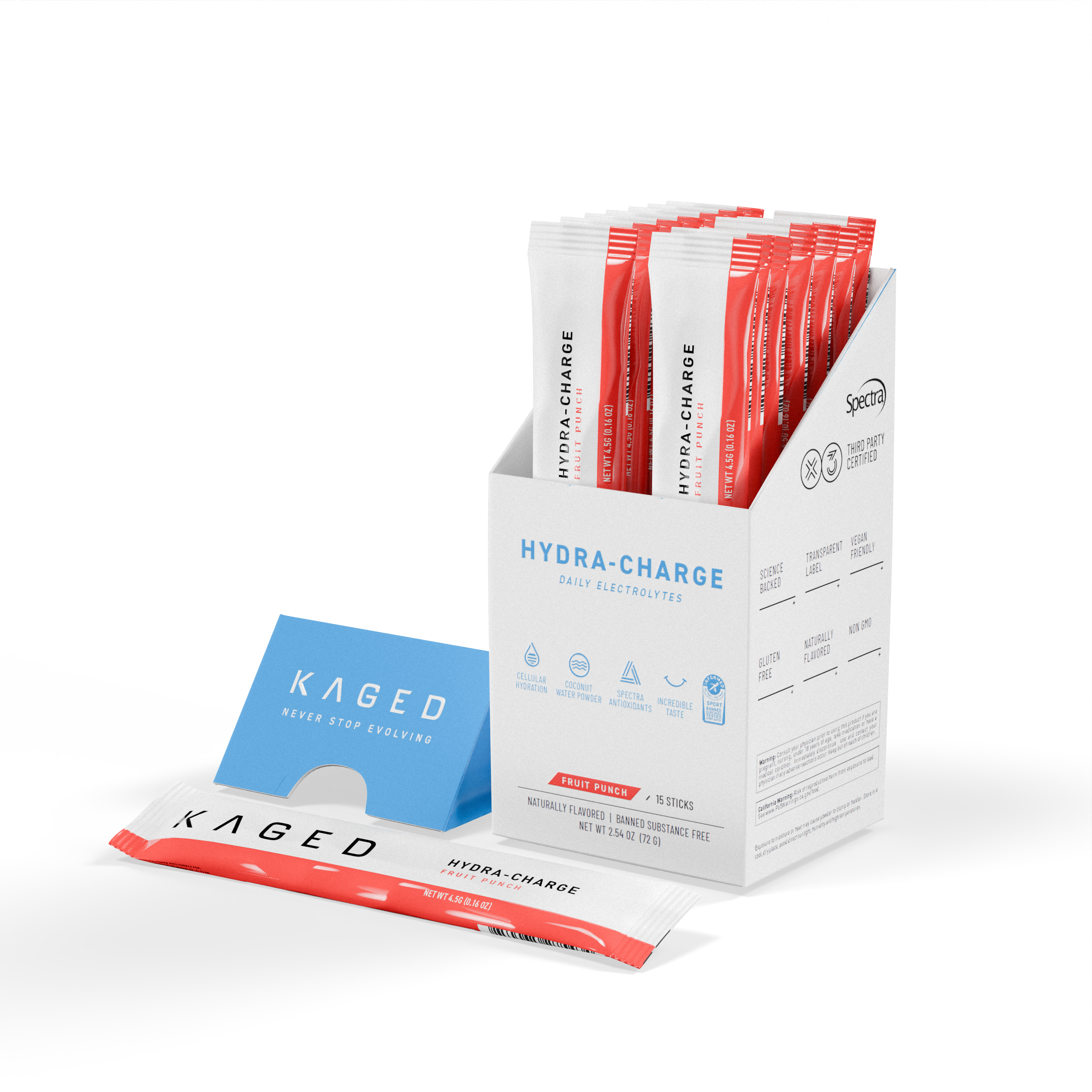 Front view of Hydra-Charge stick box with fruit punch single-serve electrolyte packets and Kaged branding on white background #flavor_fruit punch
