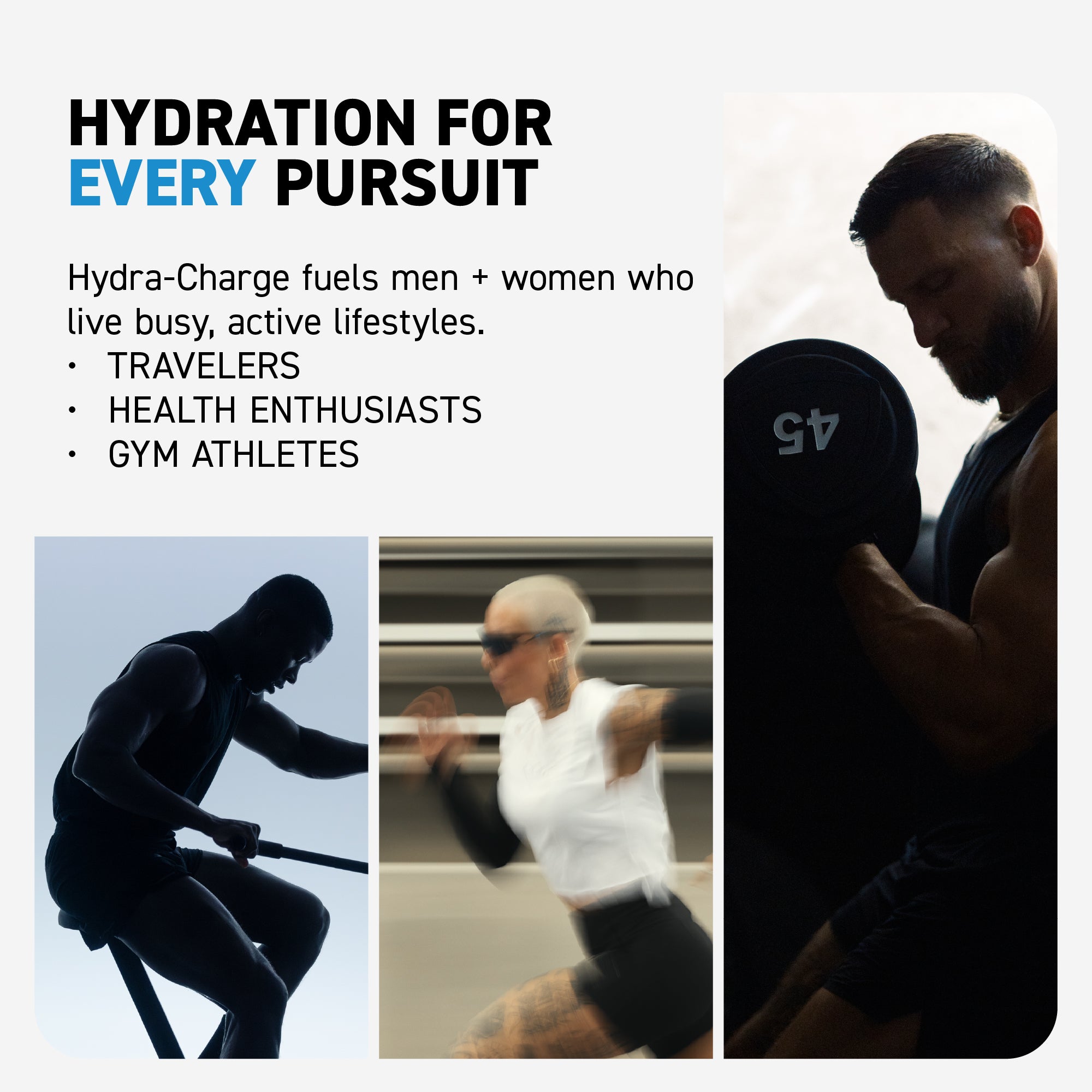 Promotional banner showing headline 'Hydration for Every Pursuit', text that Hydra‑Charge fuels busy, active lifestyles with bullets listing travelers, health enthusiasts, gym athletes, and a man lifting a 45 lb dumbbell