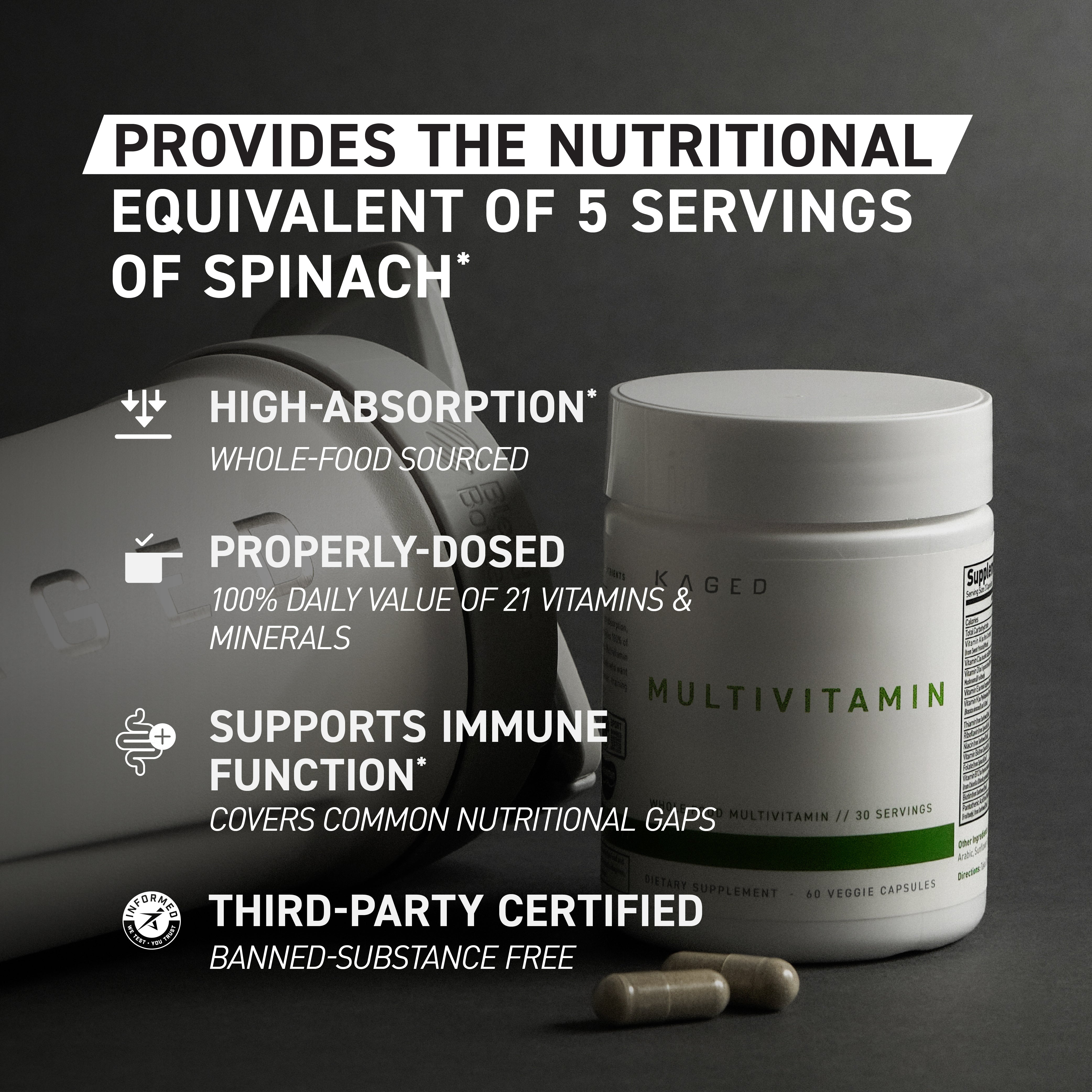 Promotional graphic showing multivitamin equals 5 servings of spinach, 100% DV of 21 vitamins, third-party certified