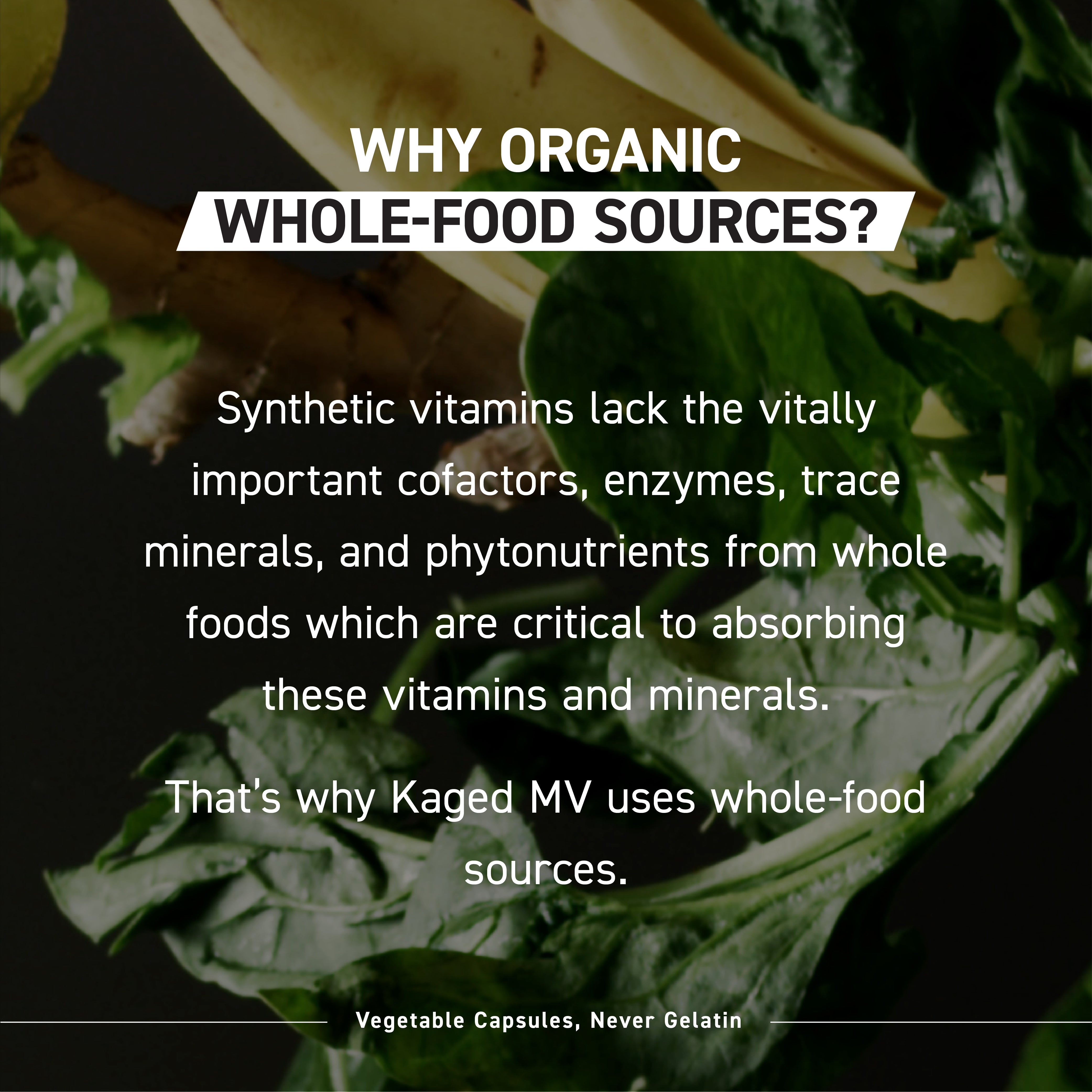 Hero banner showing headline "Why organic whole-food sources?" over close-up leafy greens and ginger