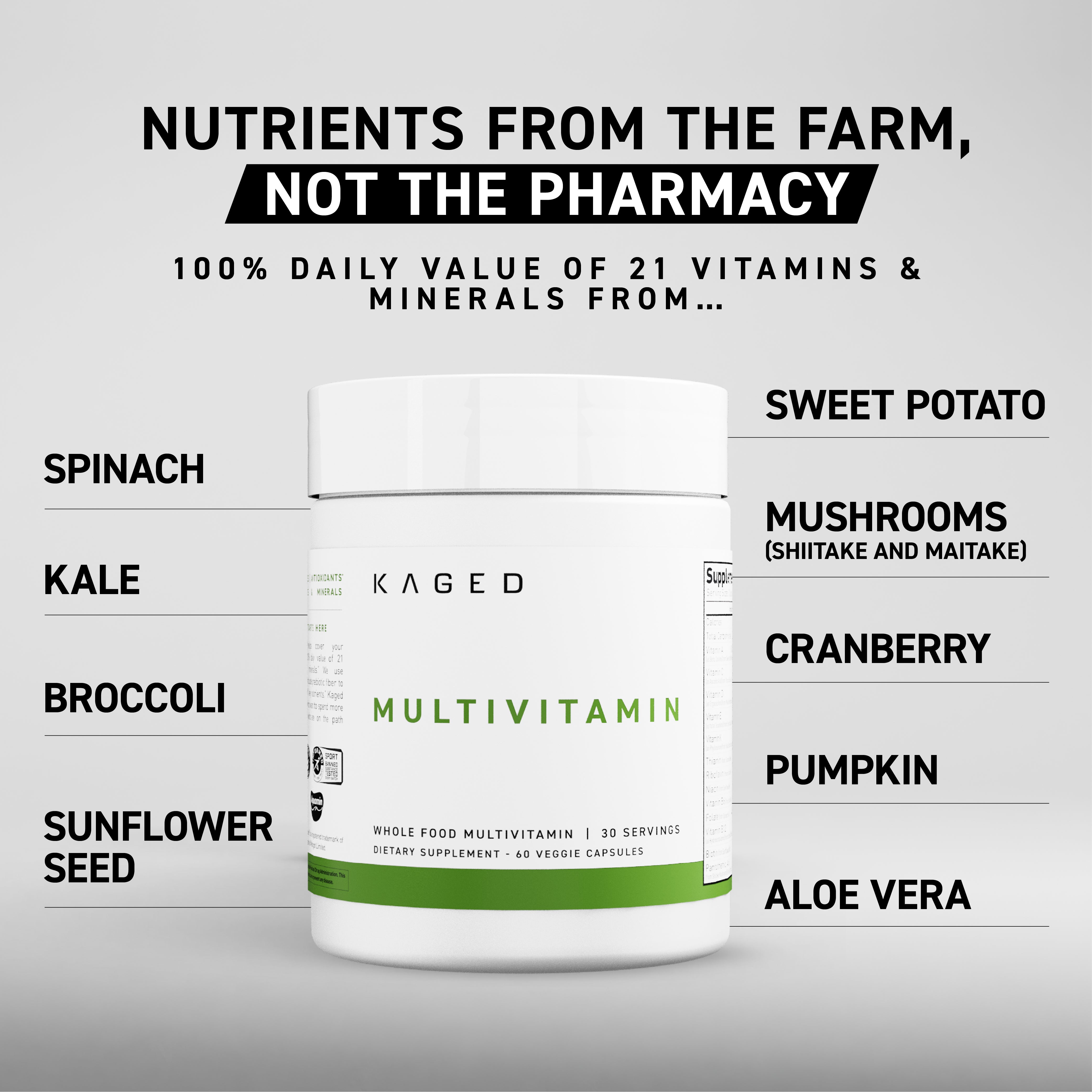Infographic: 'NUTRIENTS FROM THE FARM, NOT THE PHARMACY' over multivitamin bottle with whole-food ingredients