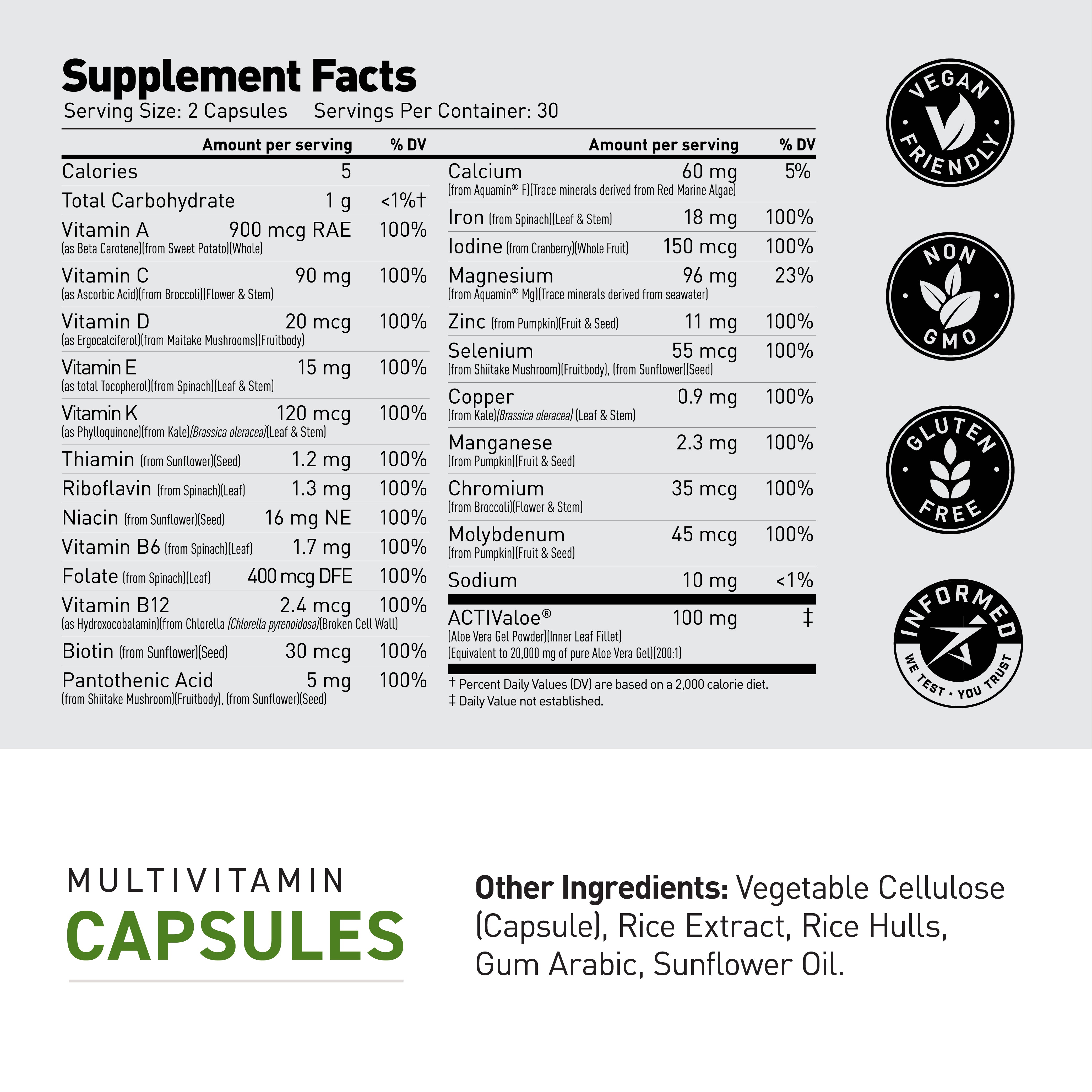 table showing Kaged Multivitamin supplement facts: serving size 2 capsules, 30 servings, key vitamins and minerals listed with most at 100% daily value