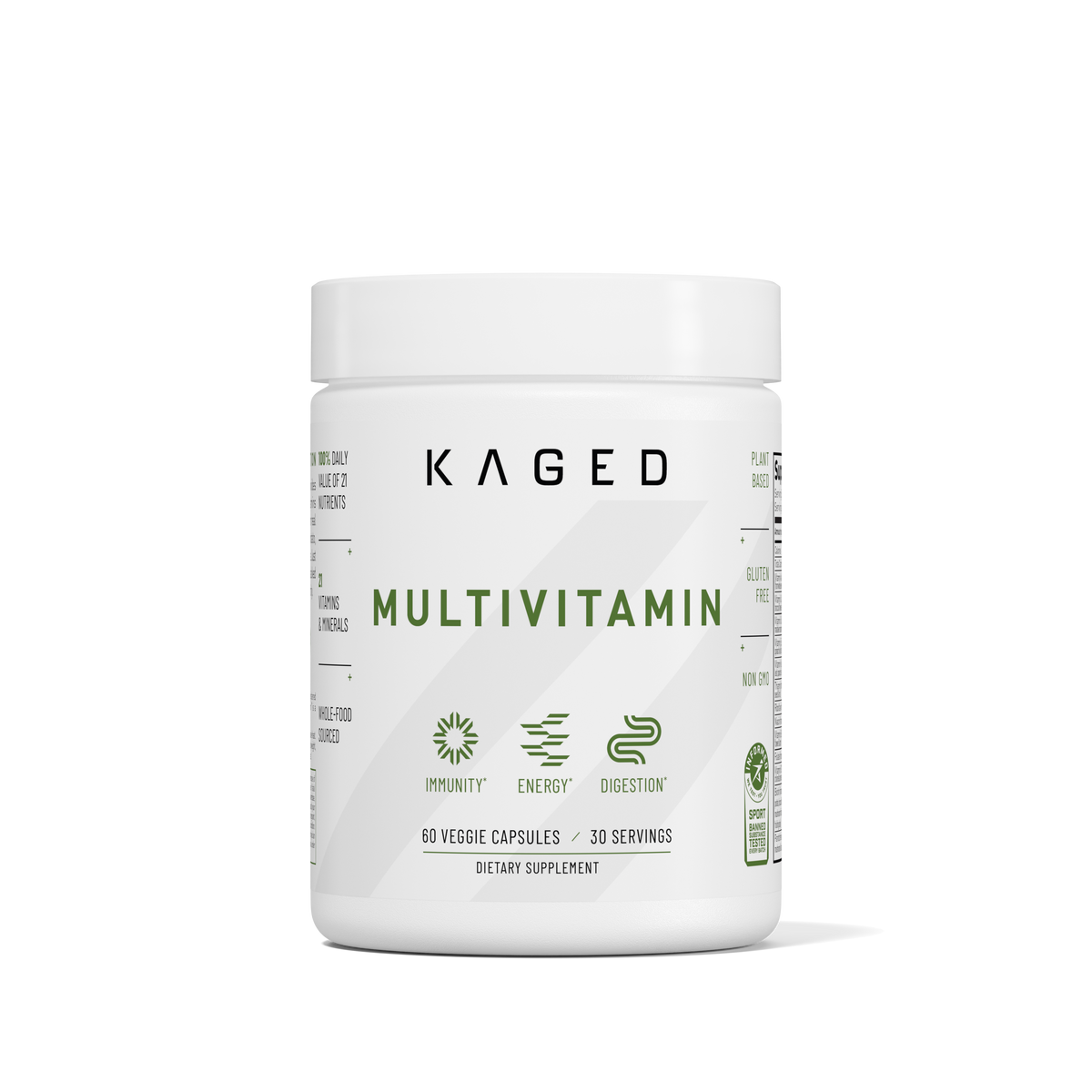 Front of Kaged Multivitamin tub showing MULTIVITAMIN label and green accent band, whole-food multivitamin 30 servings, 60 veggie capsules on white background