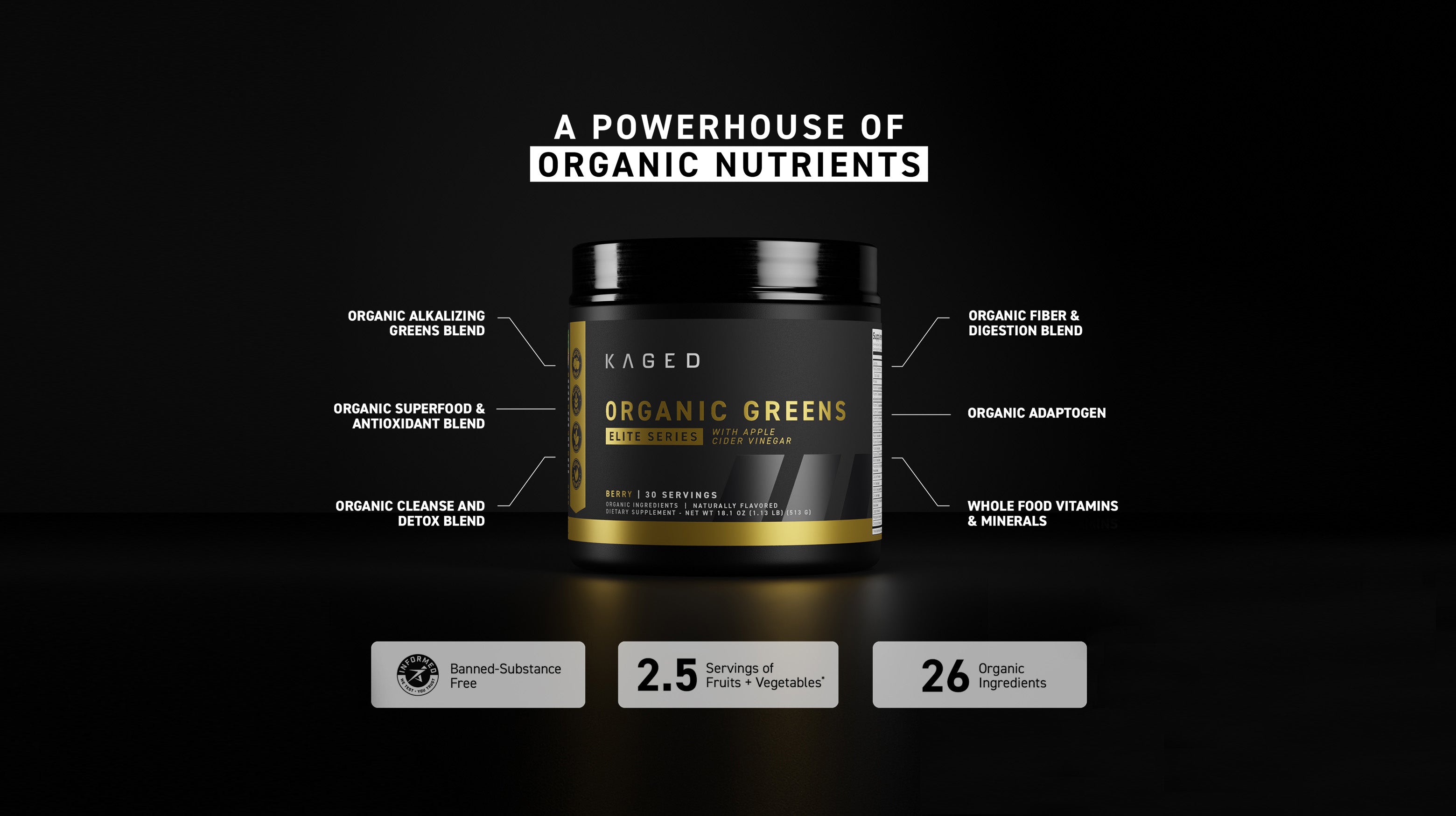 Kaged Organic Greens Elite tub with headline A POWERHOUSE OF ORGANIC NUTRIENTS and labeled blend benefits on black background