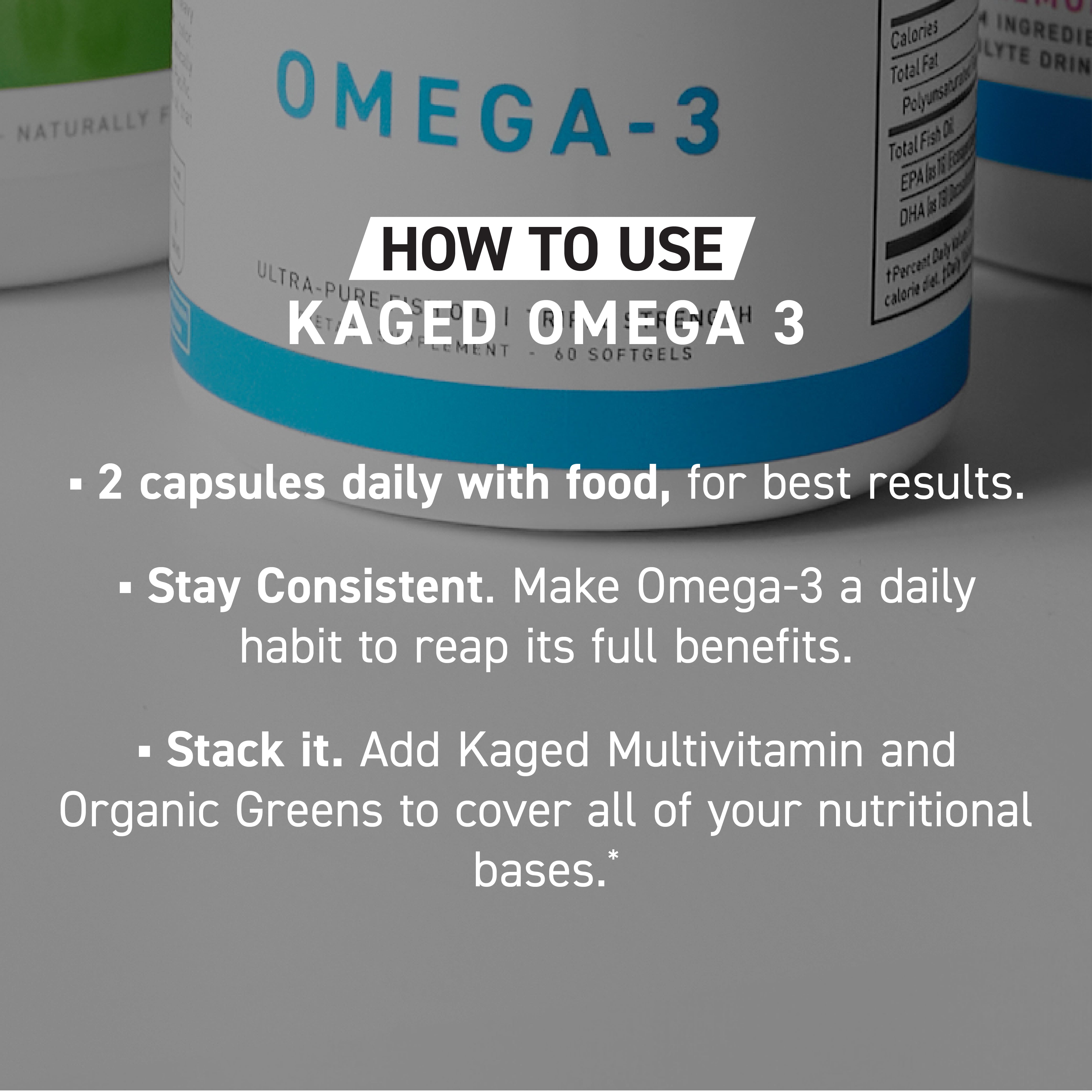 Banner showing 'How to Use' usage instructions for Kaged Omega-3 supplement bottle