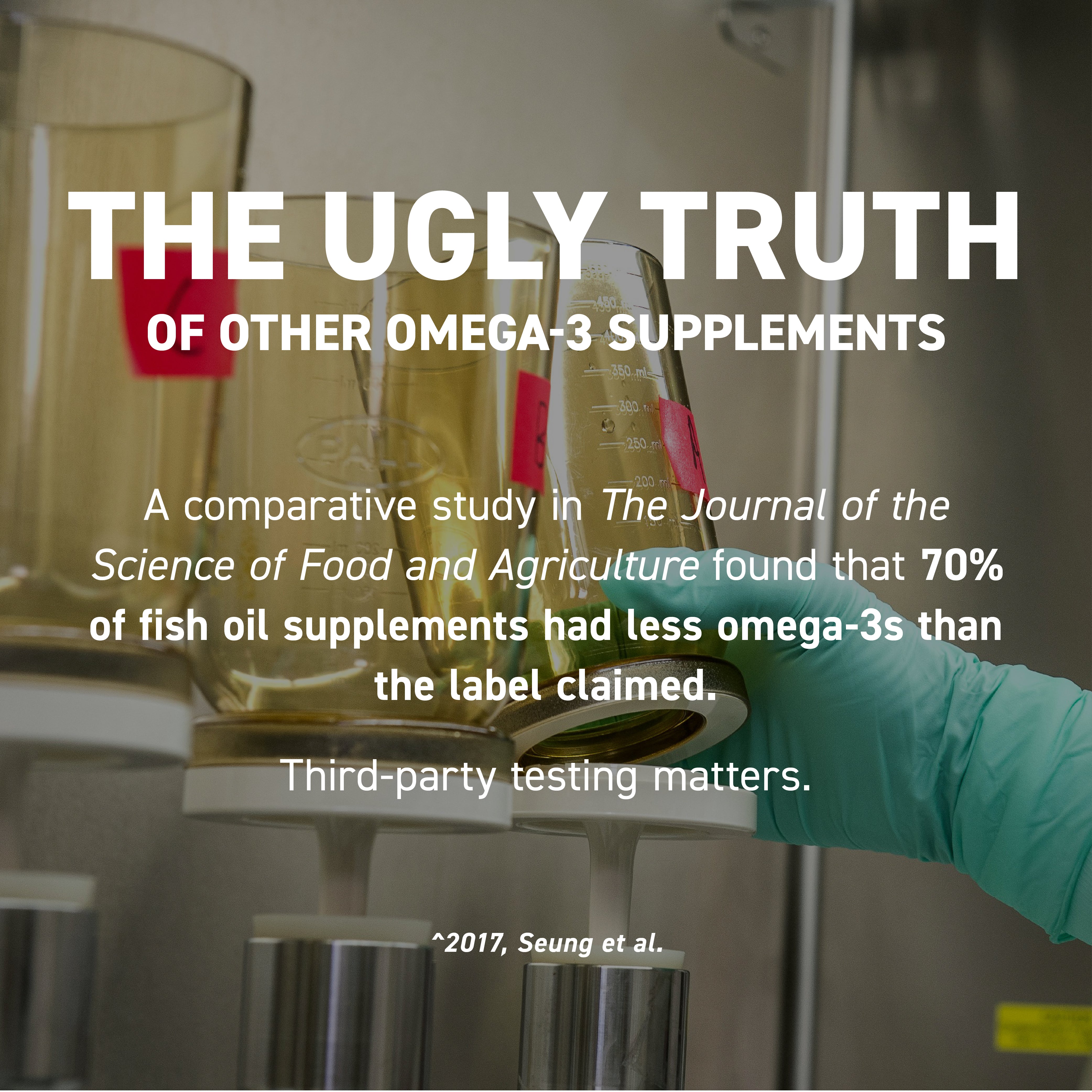 Promotional banner showing headline 'The ugly truth of other omega-3 supplements' over lab glassware and a gloved hand
