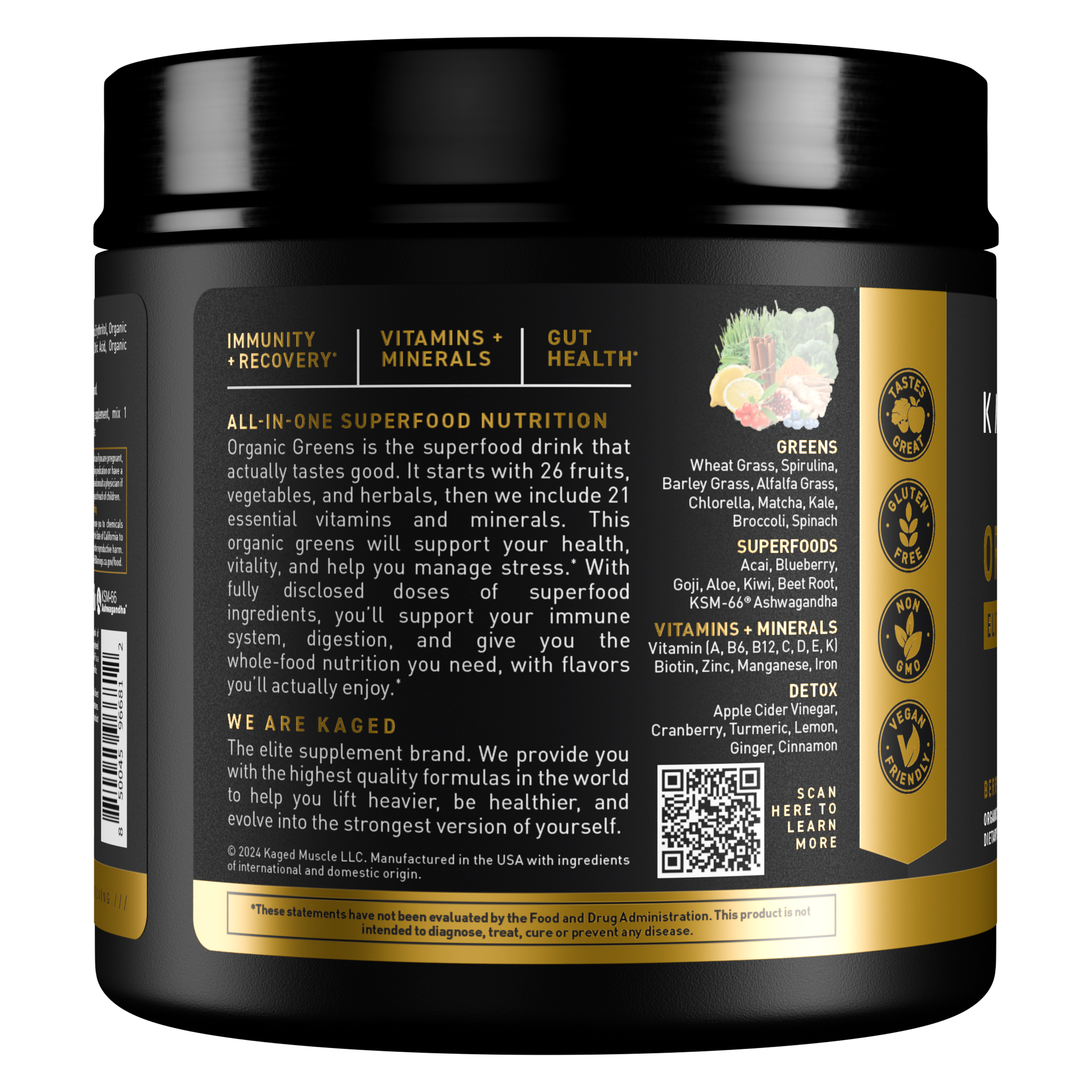 Rear label close-up of Organic Greens Elite showing 'Immunity + Recovery', 'Vitamins + Minerals', 'Gut Health' and certification icons