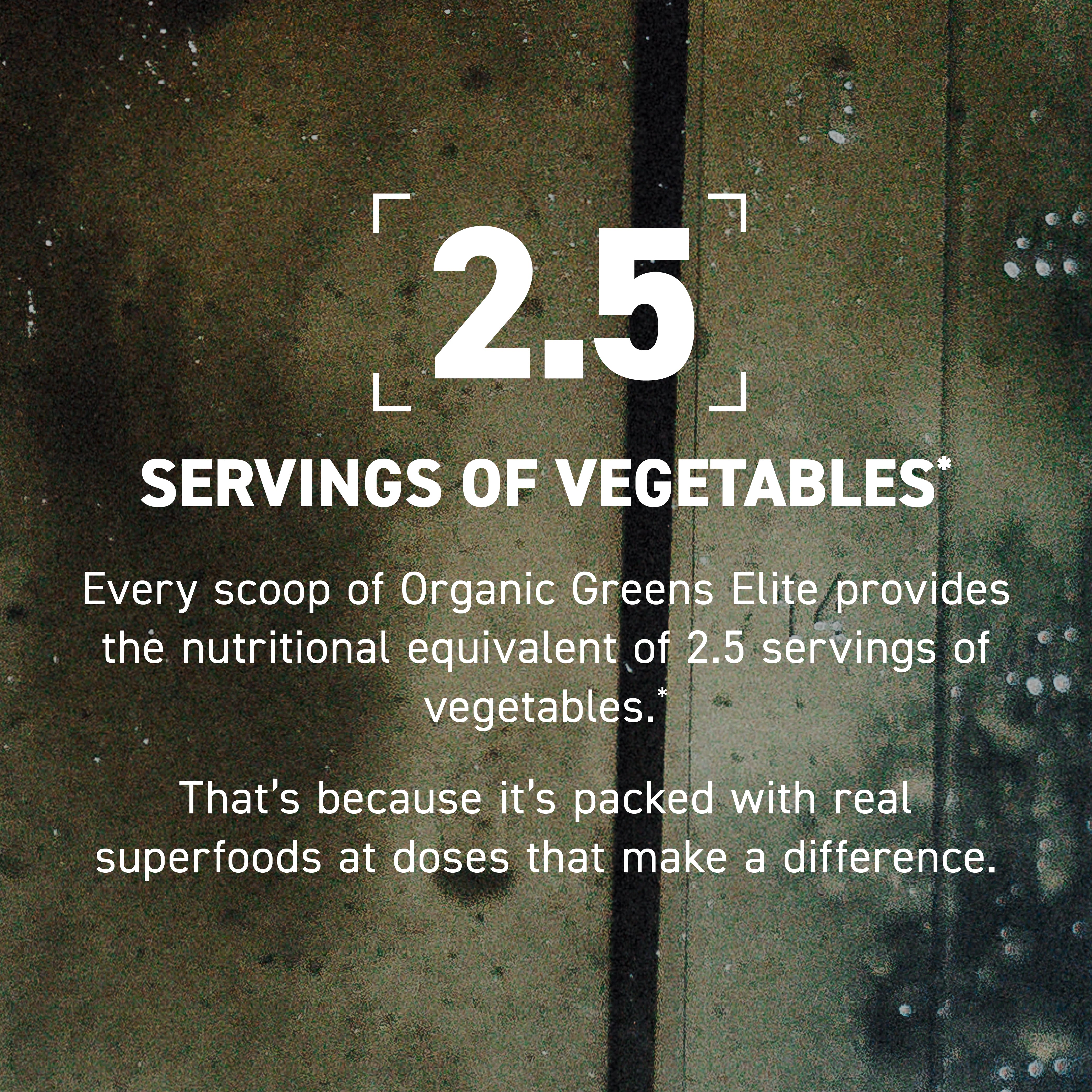 Promotional infographic showing large '2.5' headline and 'SERVINGS OF VEGETABLES' text stating each scoop equals 2.5 servings
