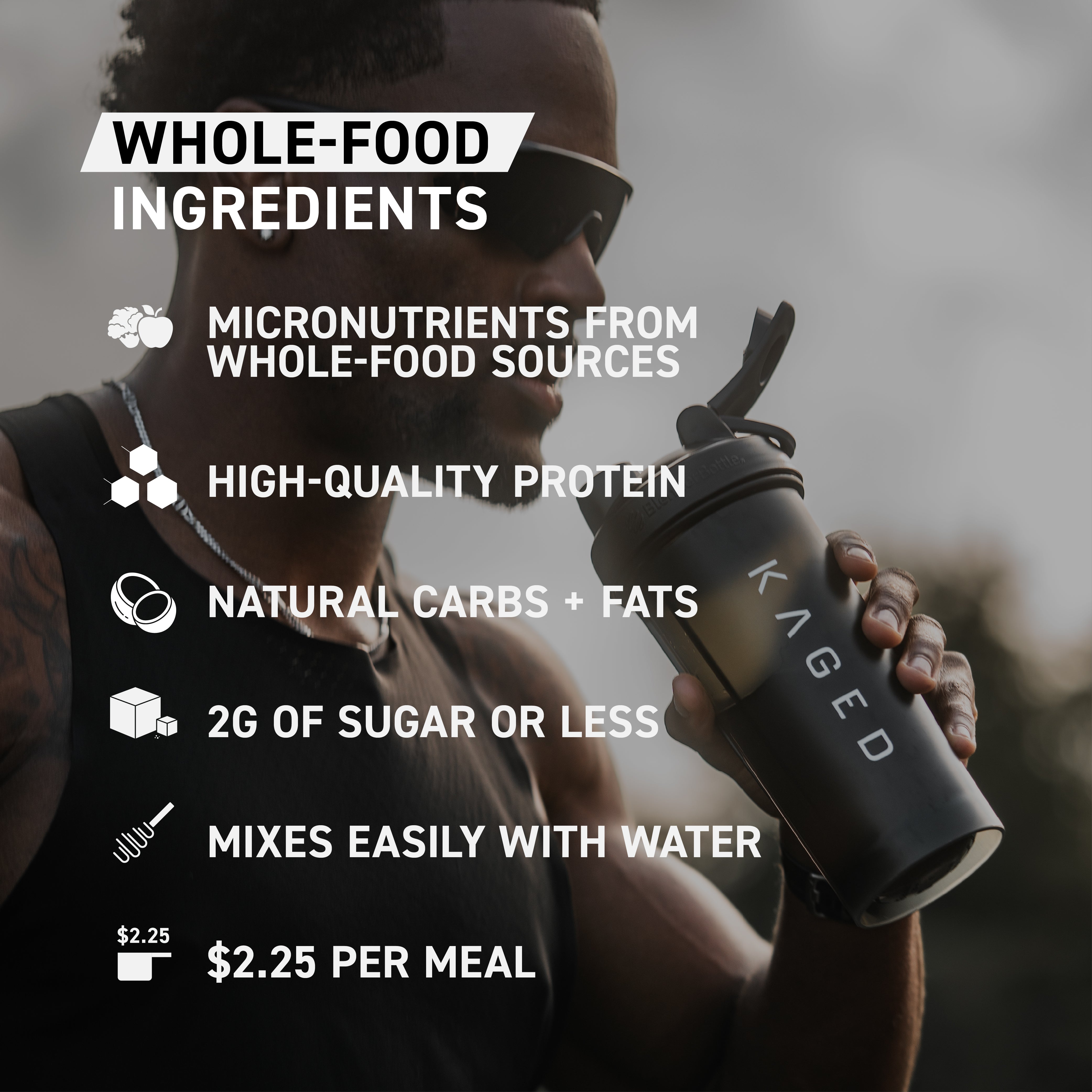 Promotional infographic showing Clean Meal benefits: whole-food micronutrients, high-quality protein, natural carbs and fats, 2 g sugar or less, mixes easily with water