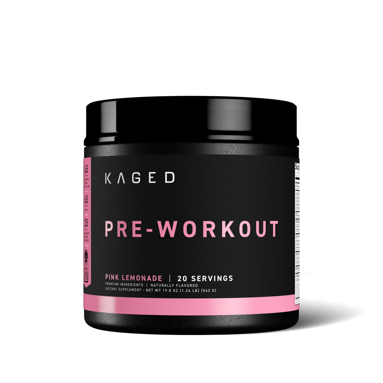 Front view of Pre-Kaged pre-workout tub showing black label with pink PRE WORKOUT text and Pink Lemonade flavor #flavor_pink lemonade