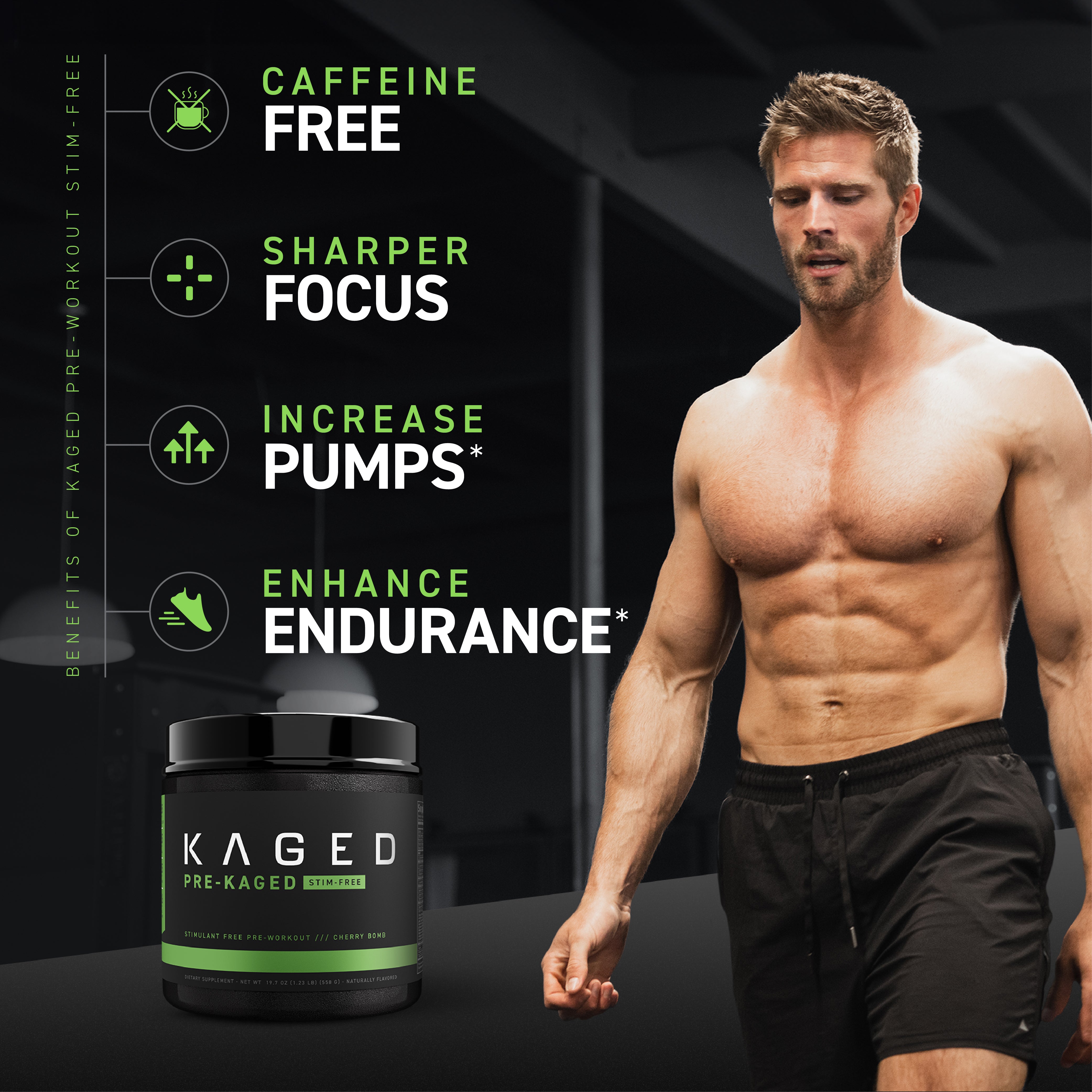 Promotional graphic showing key benefits: CAFFEINE FREE, SHARPER FOCUS, INCREASE PUMPS, and ENHANCE ENDURANCE for the stim‑free Pre‑Kaged pre-workout