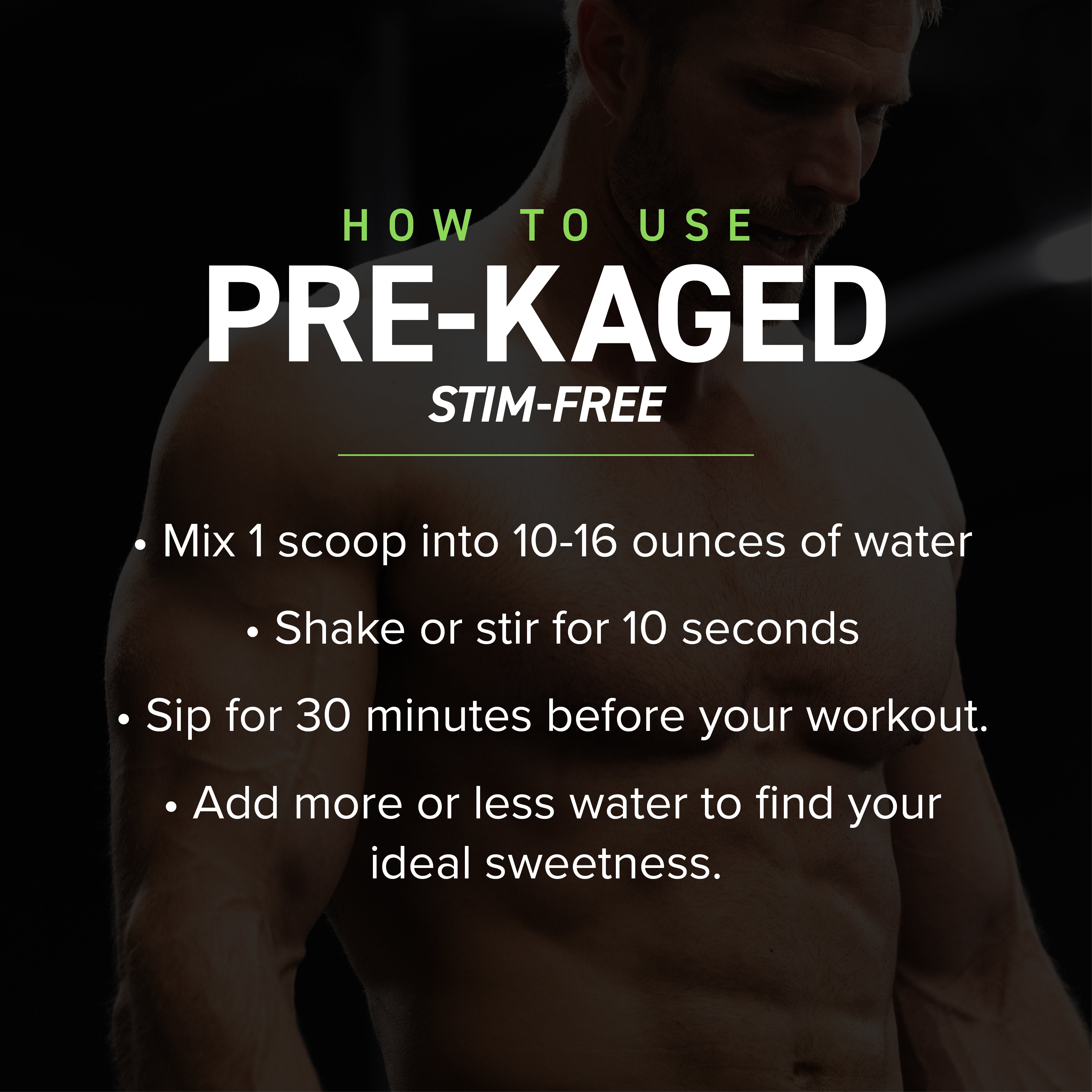 Screenshot: How to Use Pre‑Kaged Stim‑Free — mix 1 scoop in 10–16 oz water, shake, sip 30 min before workout