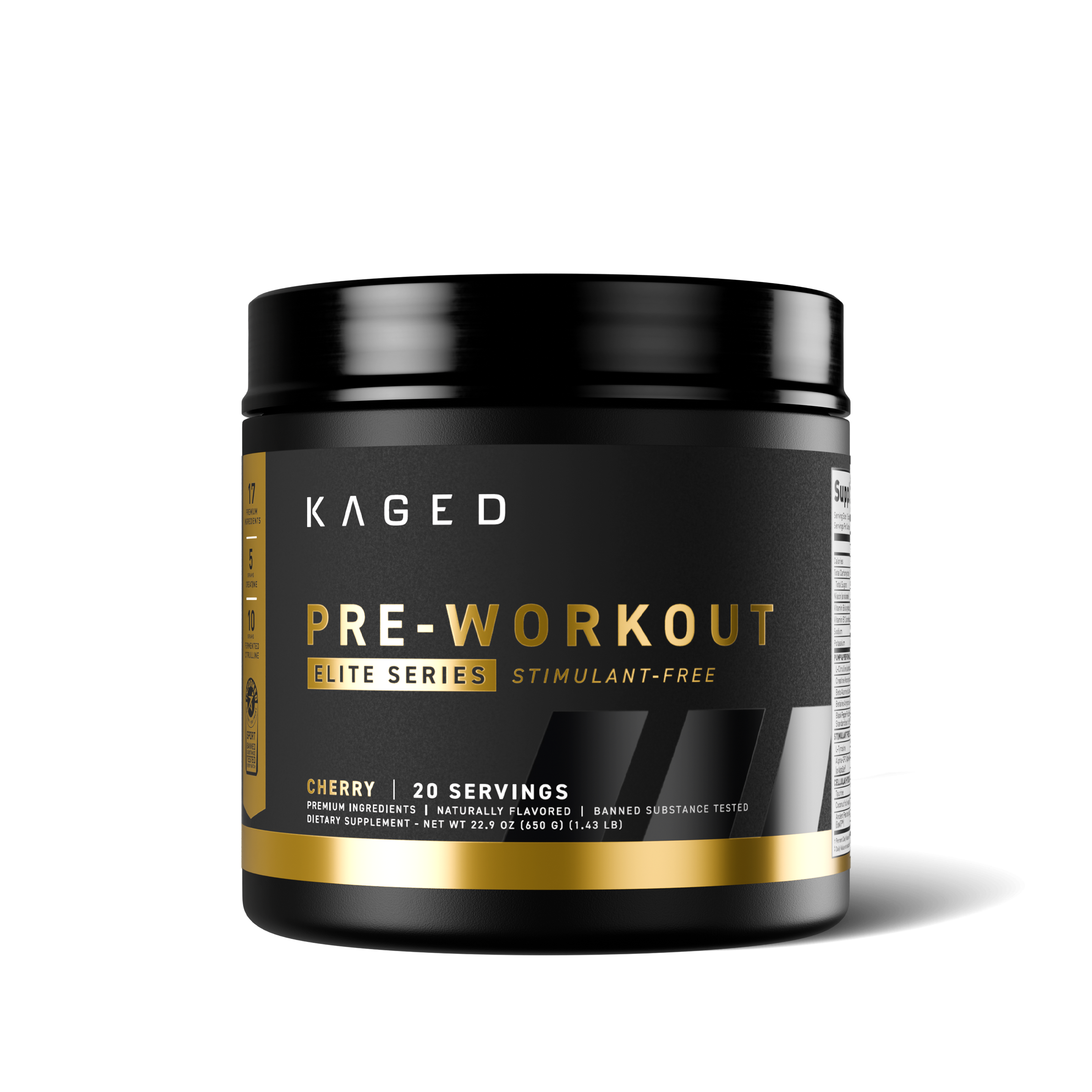 Front view of Pre-Workout Elite Series stimulant-free tub, Cherry flavor, 20 servings, on white background #flavor_cherry