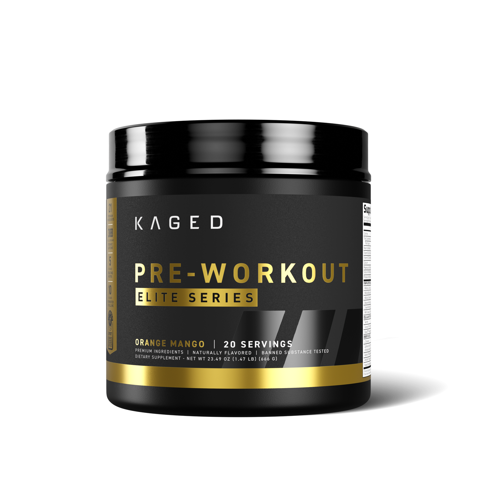 Front of KAGED Pre-Workout Elite tub showing gold PRE-WORKOUT label and Orange Mango flavor on white background #flavor_orange mango