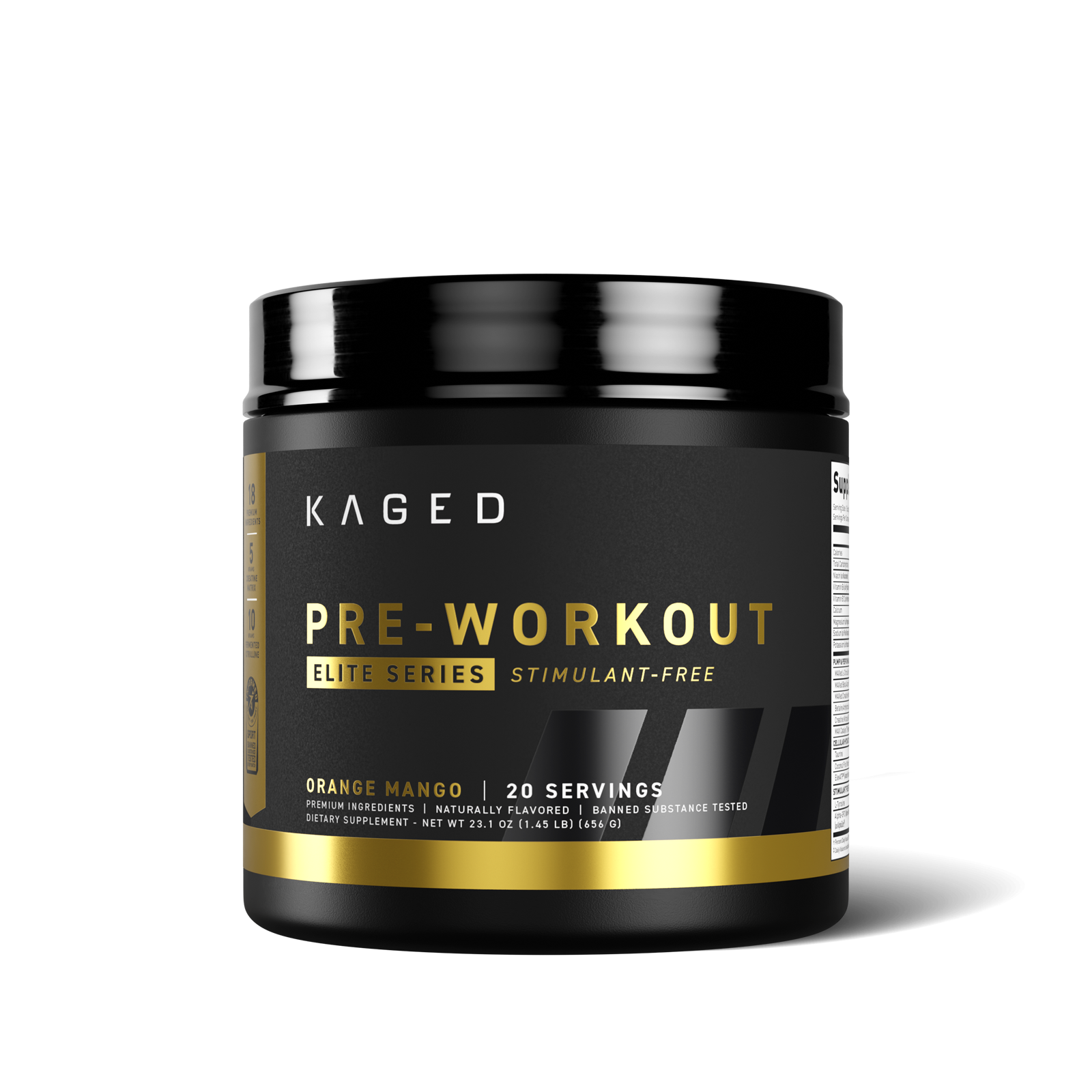 Front view of Kaged Pre-Workout Elite stimulant-free tub, Orange Mango flavor, showing 20 servings on a white background #flavor_orange mango