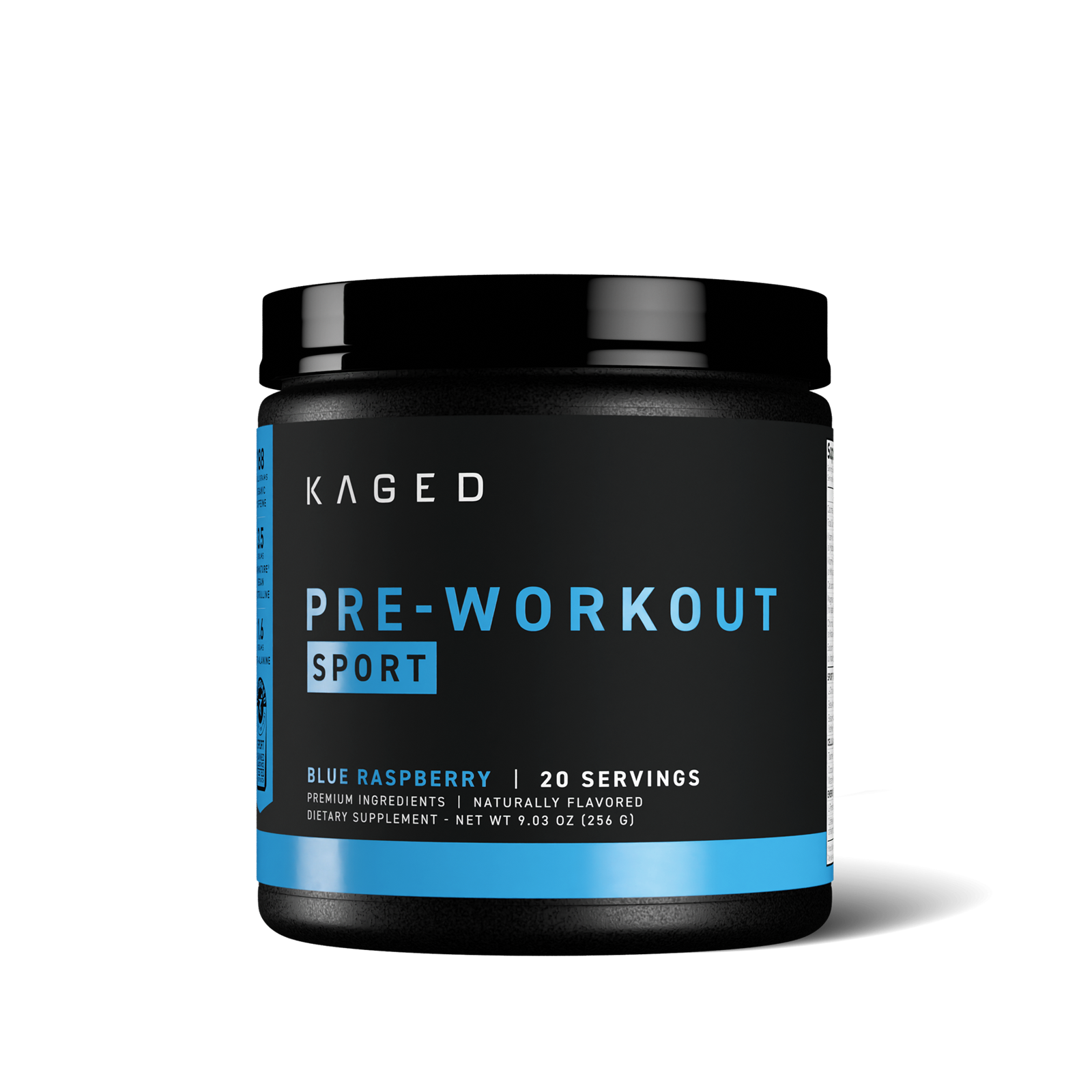 Front view of Pre-Workout Sport tub showcasing Pre-Workout Sport label and blue raspberry flavor on white background #flavor_blue raspberry