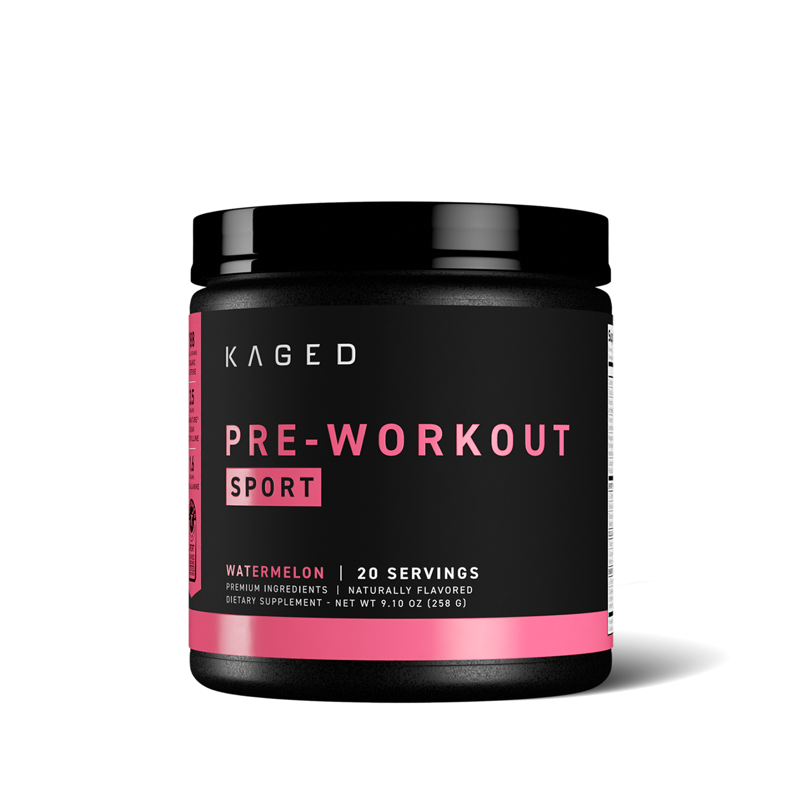 Front view of Pre-Workout Sport supplement tub showing pink PRE-WORKOUT SPORT label and Watermelon, 20 servings text on white background #flavor_watermelon