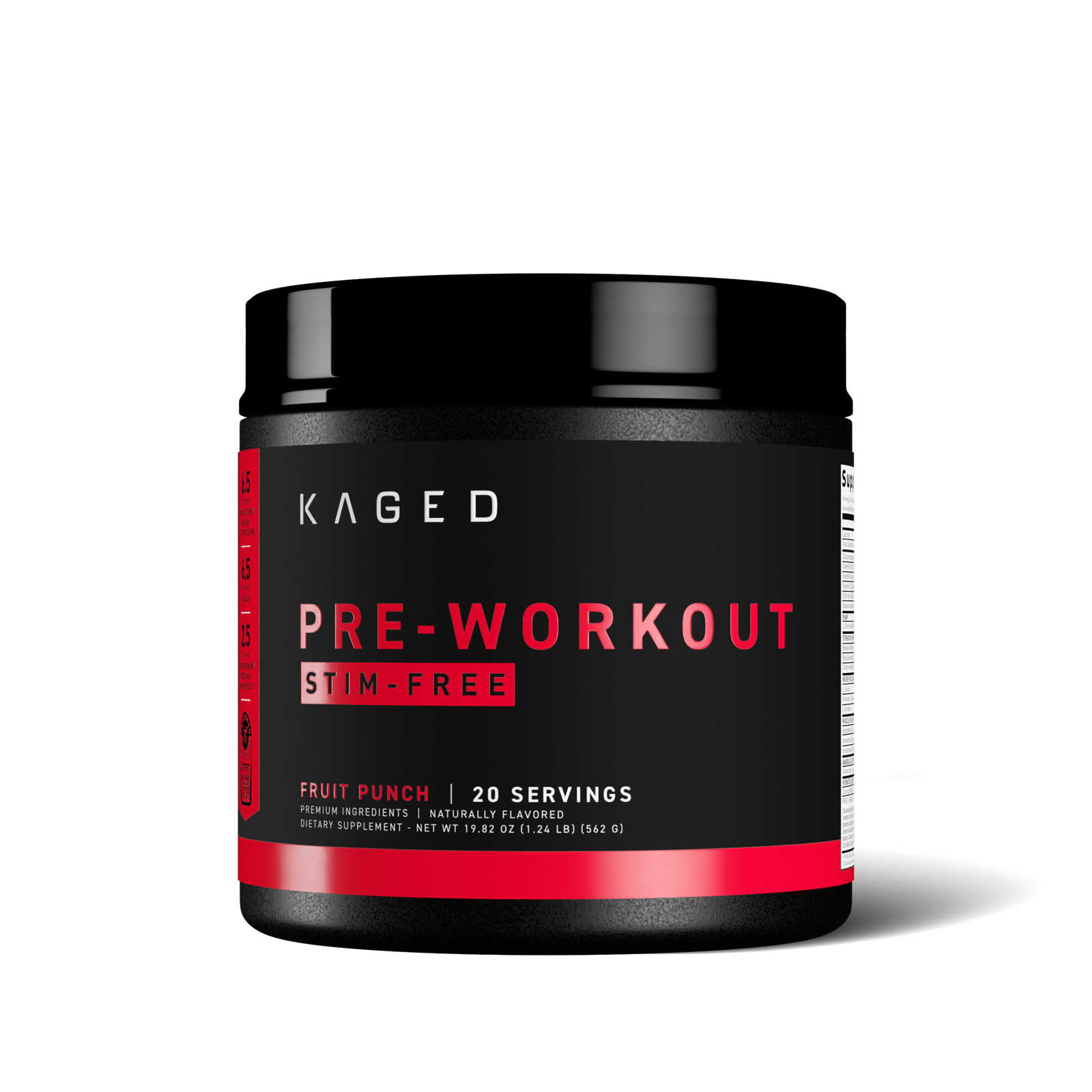 Front view of KAGED Pre-Workout Stim-Free tub, Fruit Punch flavor, 20 servings on black background #flavor_fruit punch