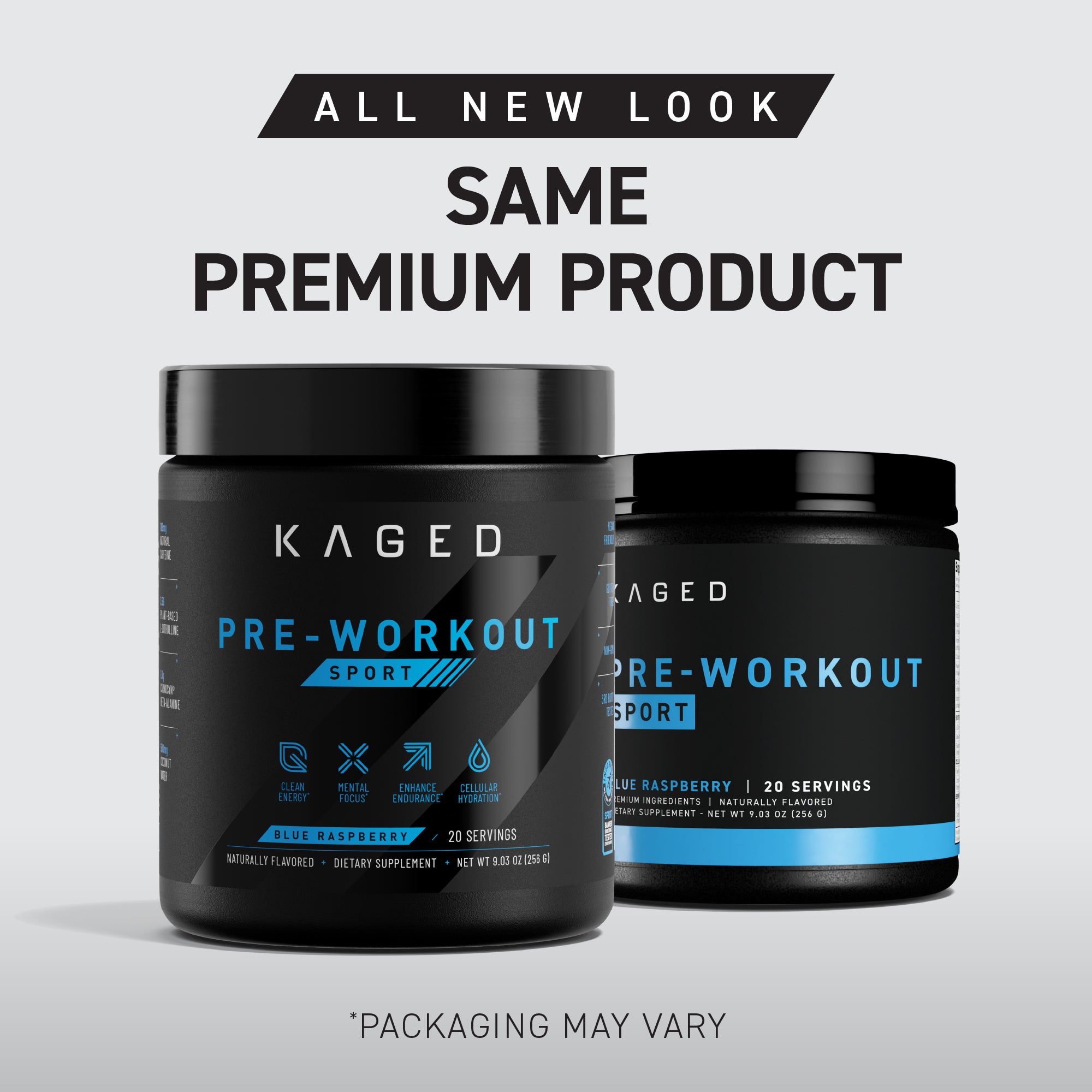 Two black Kaged Pre-Workout Sport supplement tubs on a light gray background with promotional text reading 'ALL NEW LOOK SAME PREMIUM PRODUCT' and '*PACKAGING MAY VARY'.