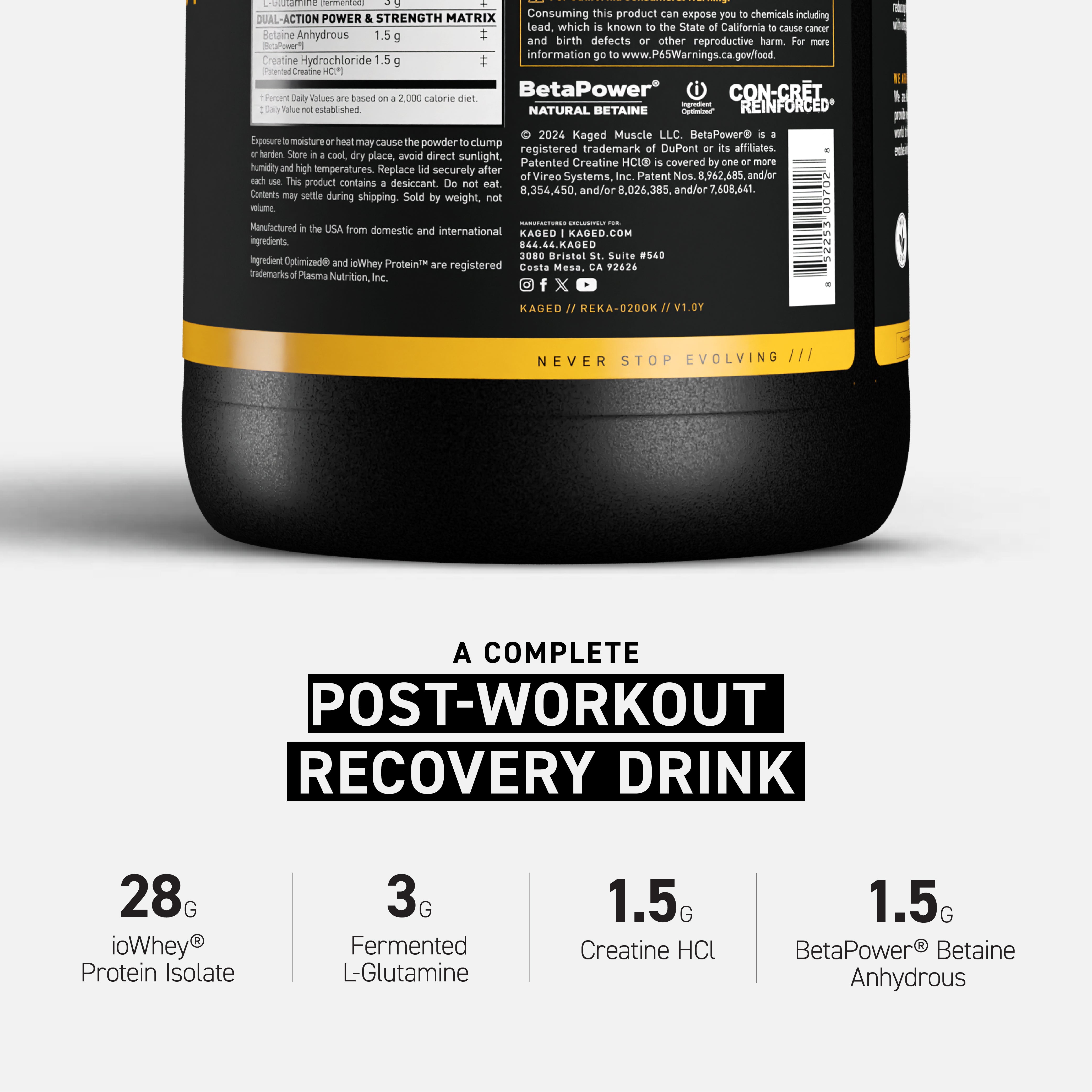 Close-up of Re-Kaged post-workout protein back label showing nutrition facts, barcode and 'NEVER STOP EVOLVING' band