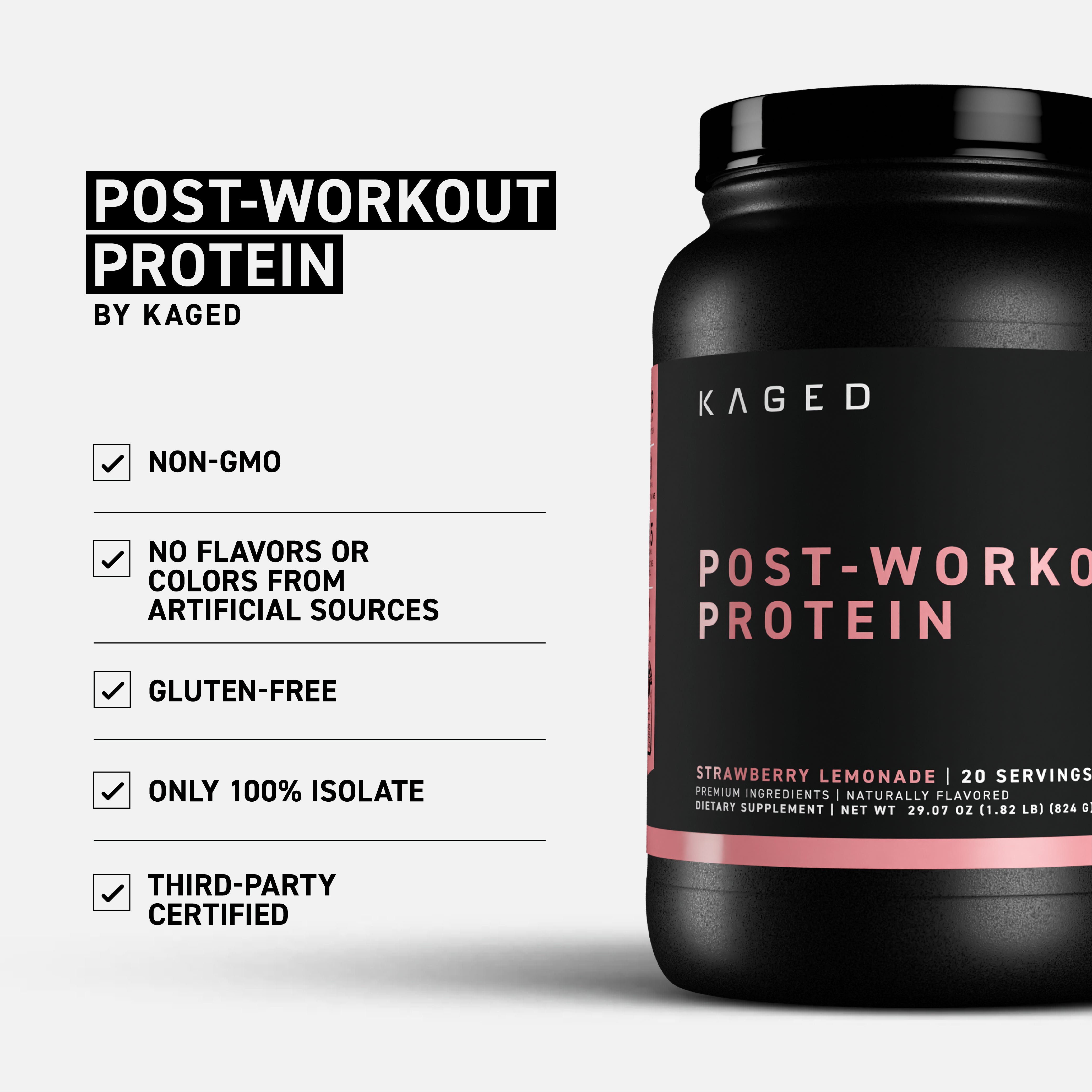Right-side close-up of Re-Kaged Post-Workout protein tub showing 'POST-WORKOUT PROTEIN by KAGED' headline on a pale background