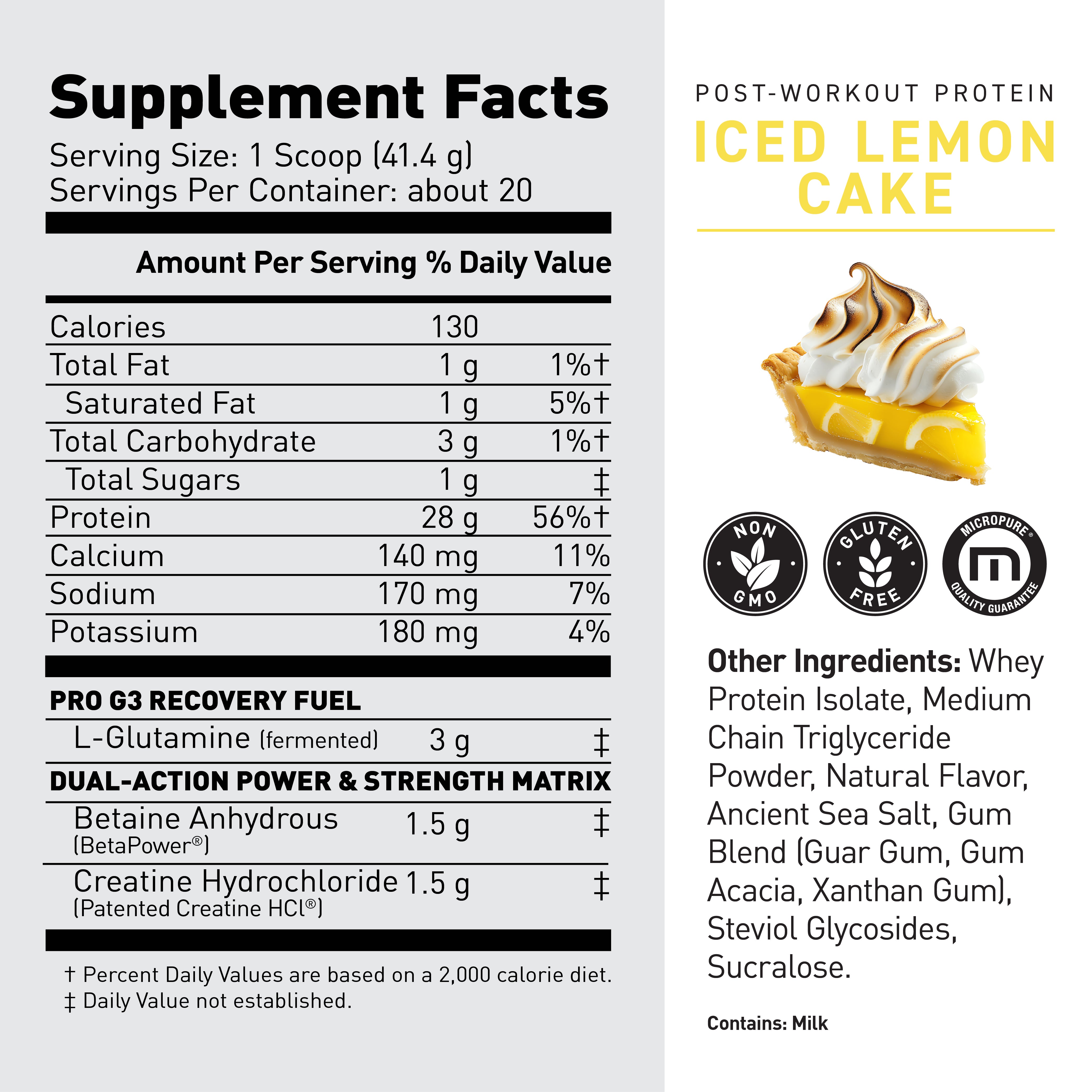 Supplement facts panel showing serving size 1 scoop (41.4 g), 130 calories and 28 g protein for Iced Lemon Cake flavor #flavor_iced lemon cake
