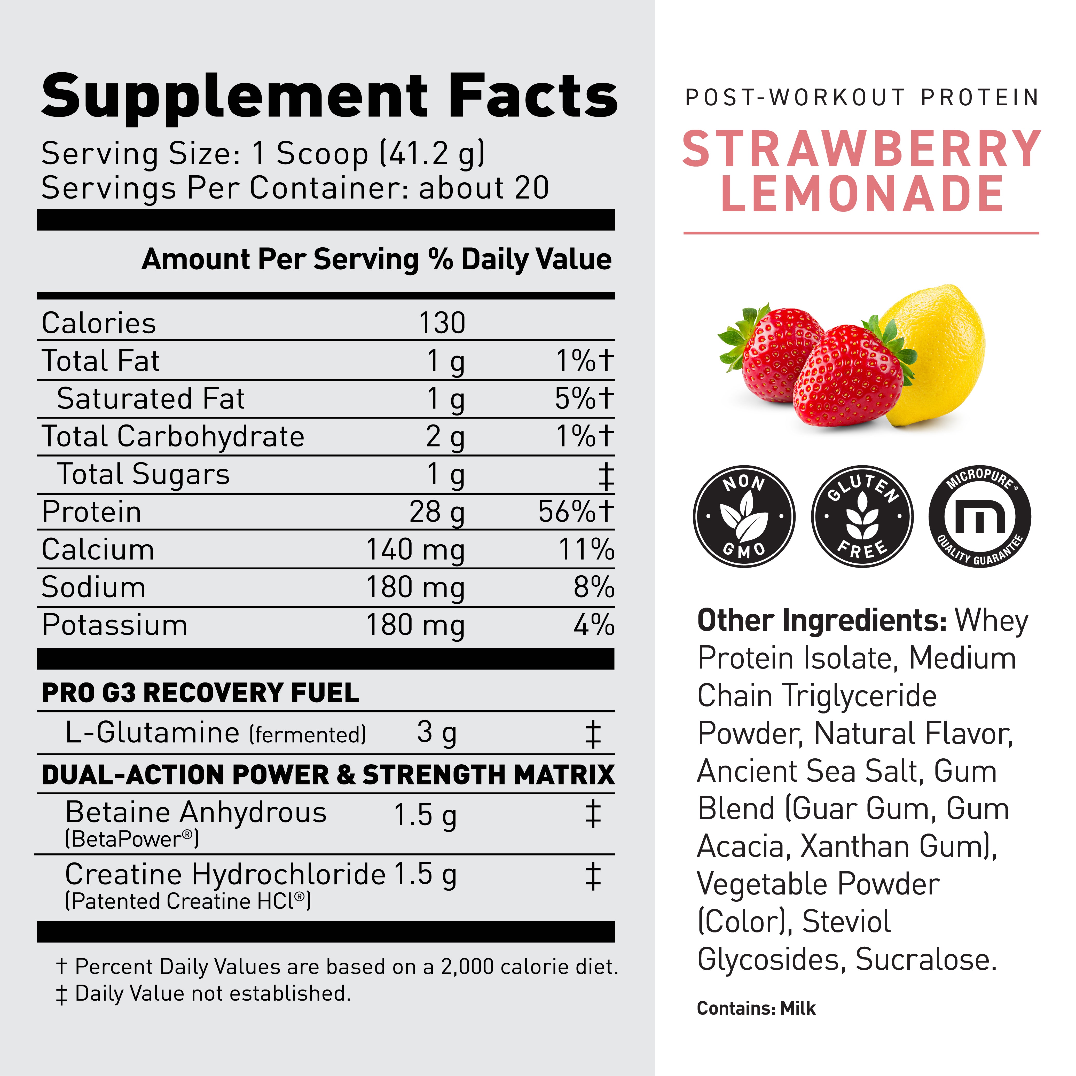 Nutrition facts panel showing serving size 1 scoop (41.2 g), 130 calories, and 28 g protein for Strawberry Lemonade post-workout protein #flavor_strawberry lemonade