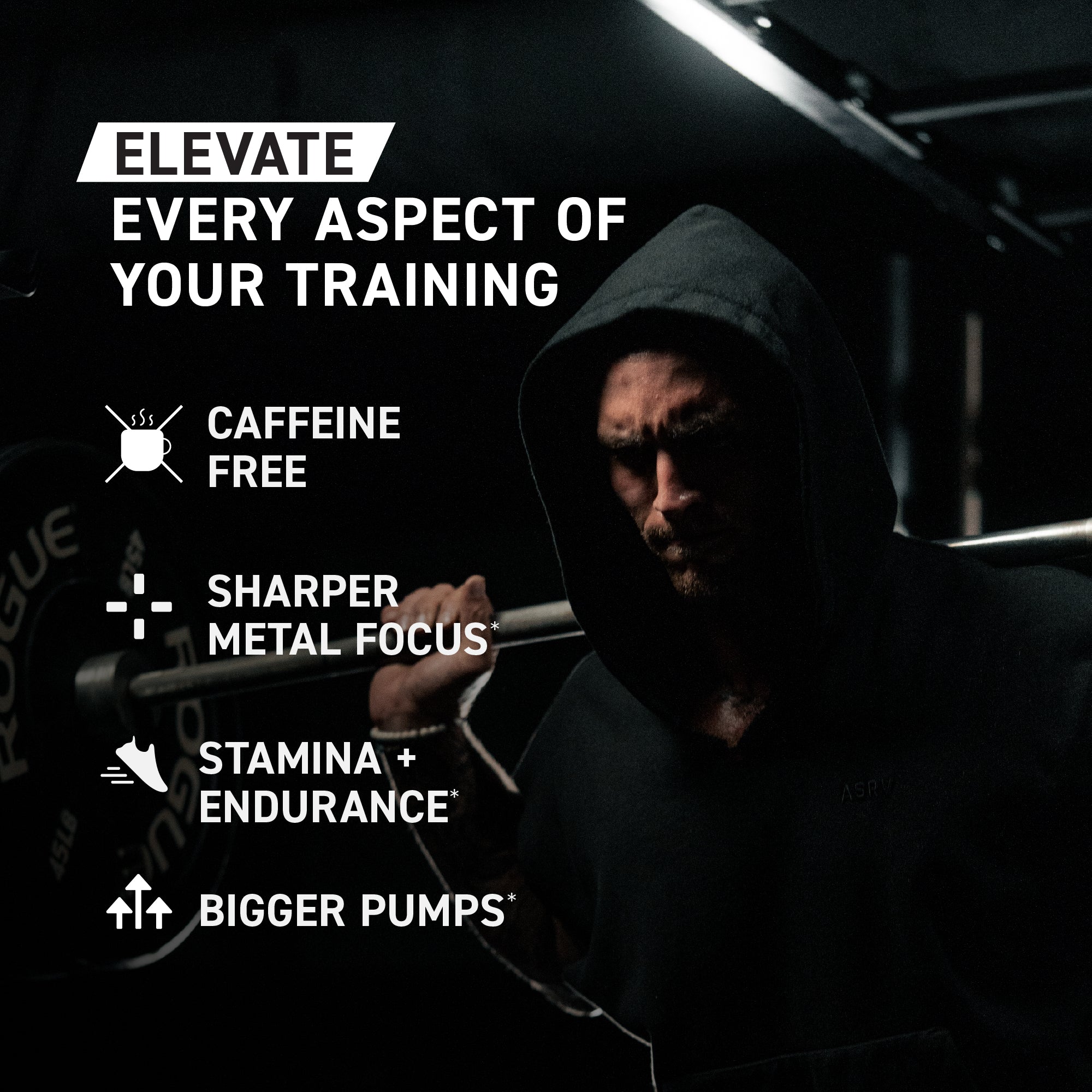 Person lifting weights with text about supplement benefits in a gym setting. Caffeine free. Sharper mental focus. Stamina and Endurance. Bigger pumps.
