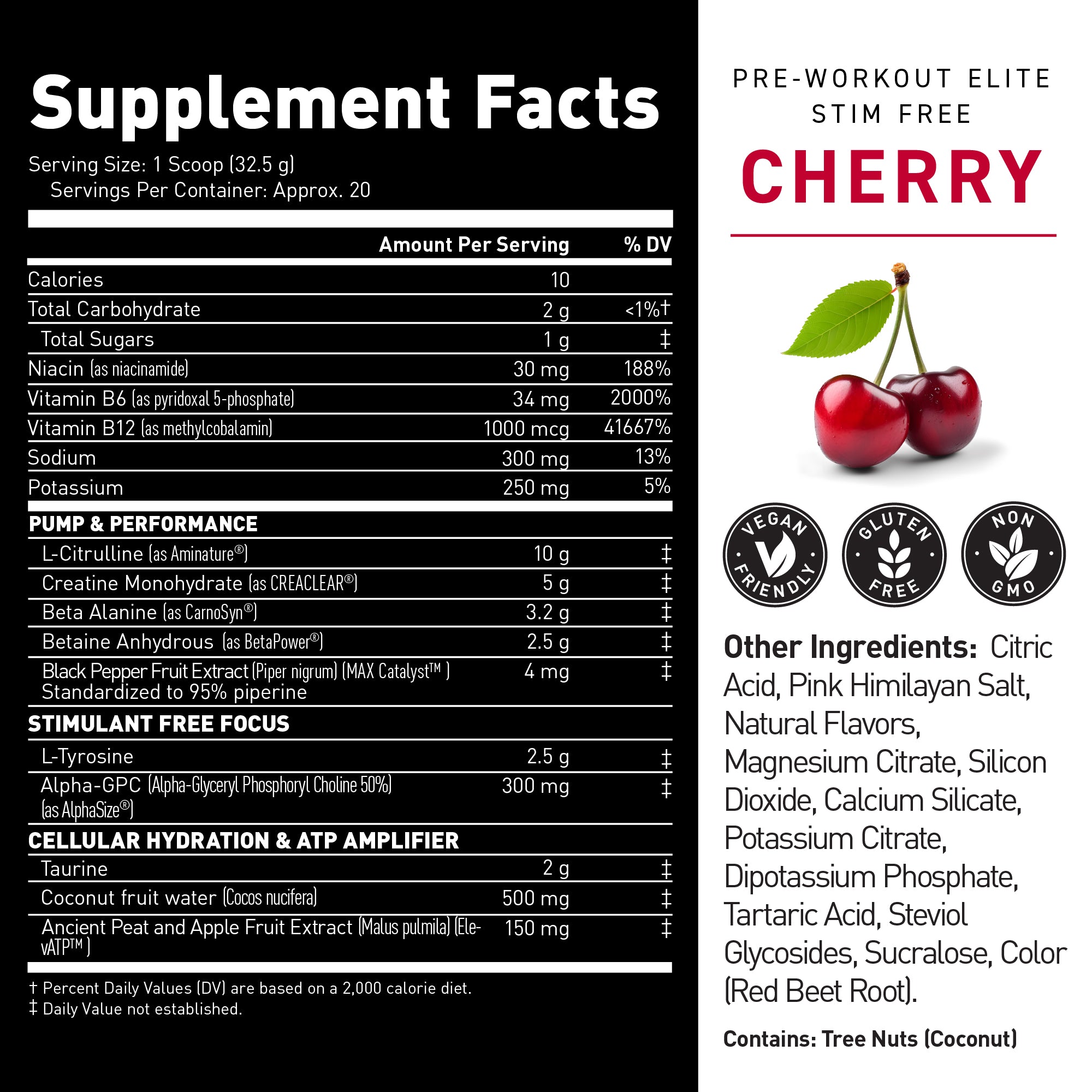 Pre-Workout Elite Stimulant-Free front label, Cherry Limeade flavor with cherries and lime, supplement facts and certification badges #flavor_cherry