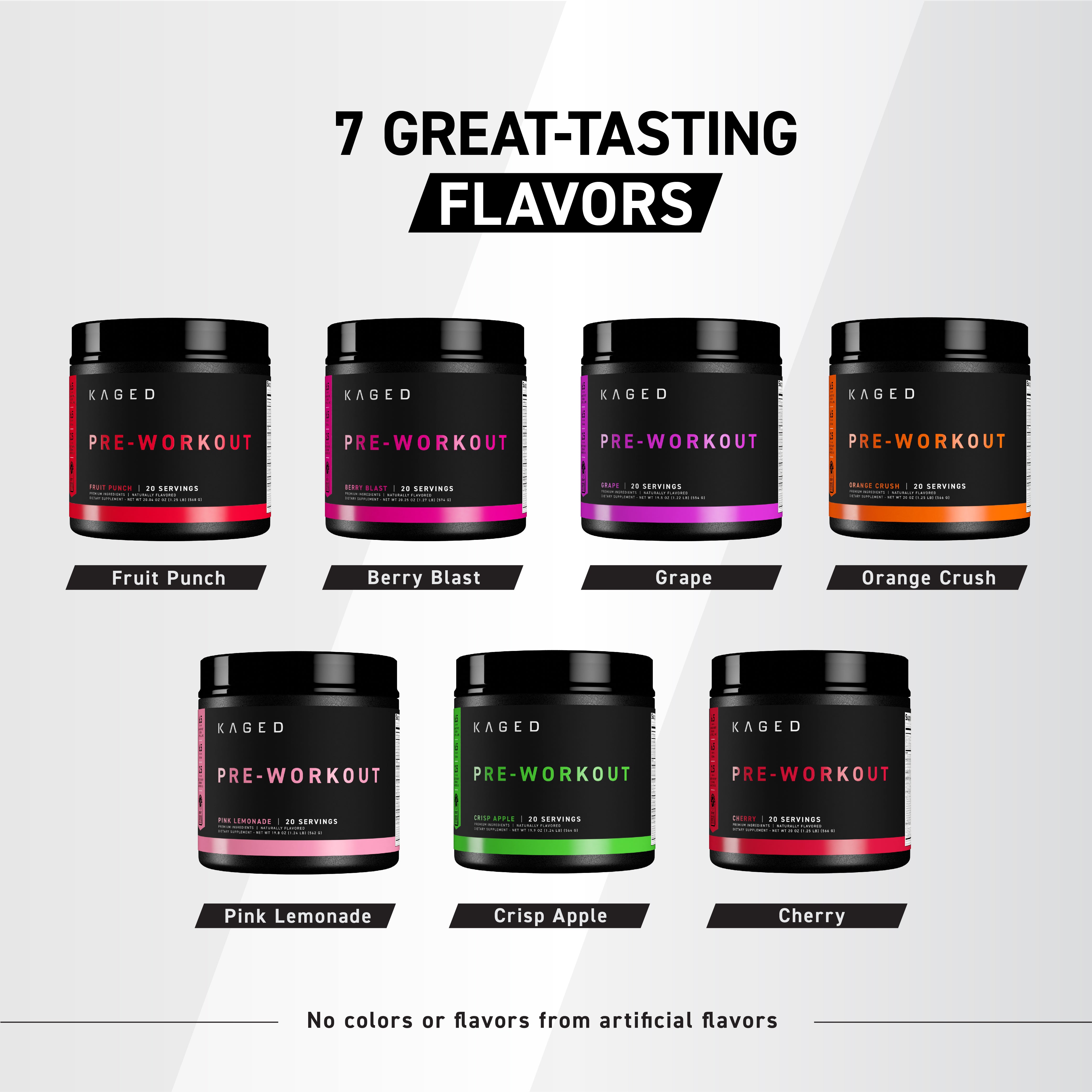 Banner reading '7 GREAT-TASTING FLAVORS' above Pre-Kaged pre-workout tubs showing seven flavor varieties